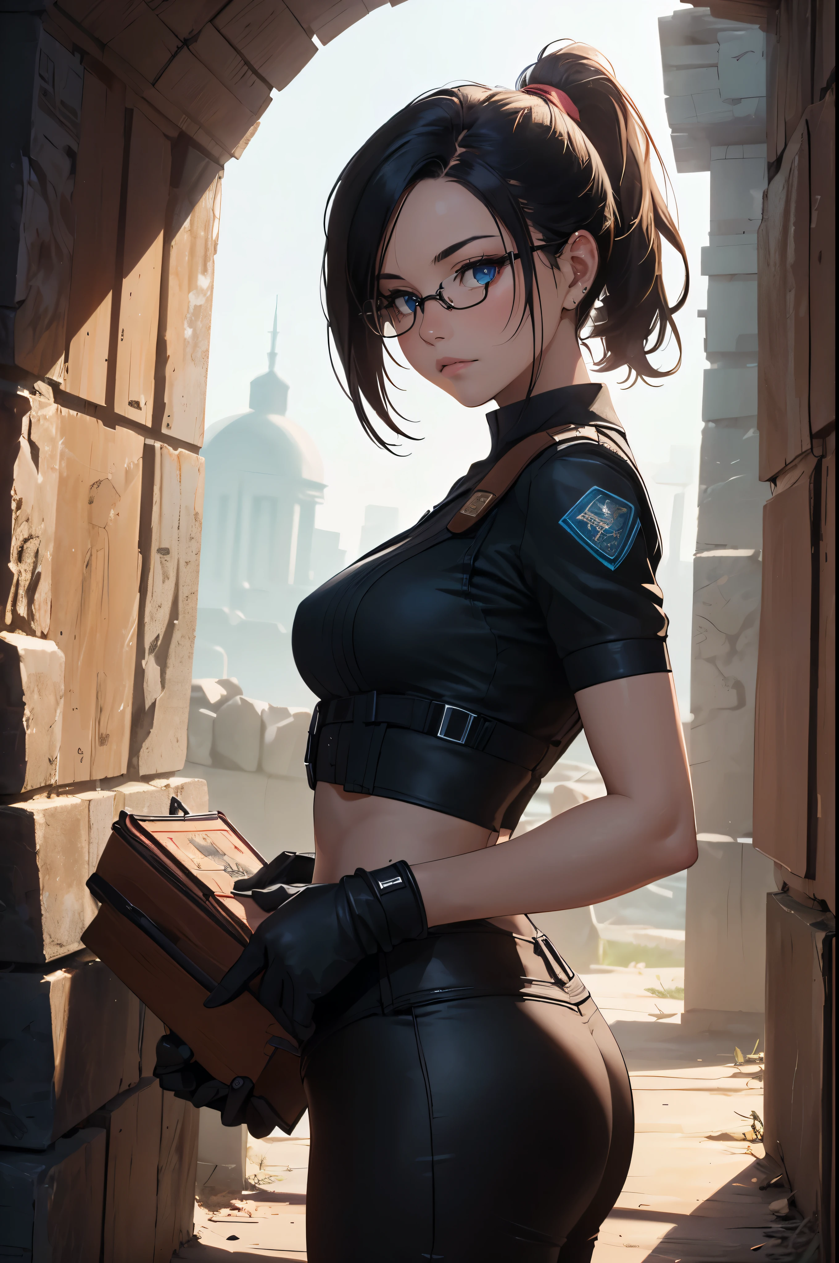 ((Scenery of the ancient cemetery)), A beautiful young explorer girl stands in the picture., ((Wear Jill Valentine's outfit)), Long black hair in a ponytail, ((wear glasses))
