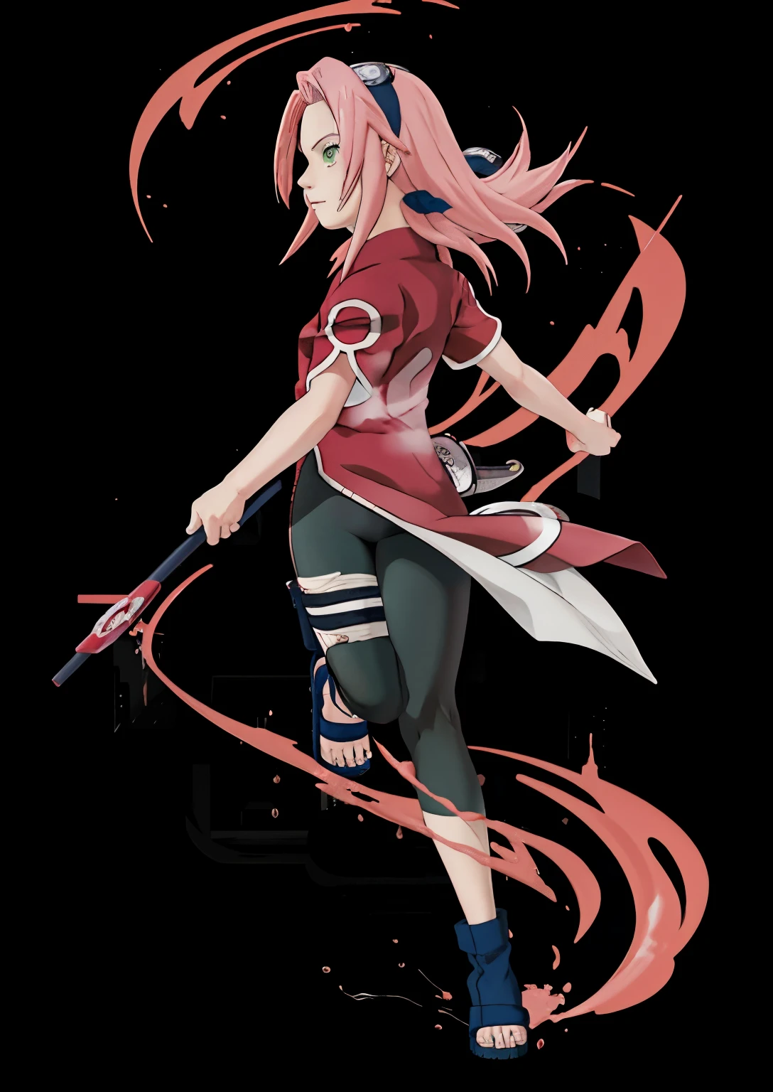 ((masterpiece: 1.2)), ((high quality)), (detail), High quality, a girl in a red Tshirts and black leggings, black yoga pants, haruno sakura, sakura haruno, sakura haruno in slug sage mode, from naruto, happy!!!, badass pose, two legs and thigh open, perfect face, pefect body, perfect anatomy, pretty girl, cute girl, long hair, green eyes, thighs open. 8k