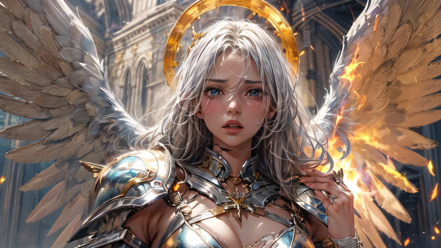 4K, ((very delicate))realistic, high resolution, soft light,1 woman, alone, ((burning castle background)), look at the viewer, (detailed face), ((Close-up from waist to face)) I fell to my knees after losing the angel war......, ((Archangel Michael with injured wing)), ((woe, rage, tear)), long hair, silver hair, big bust, Beautiful girl, ((importance)) bikini, golden angel armor, ((An old silver sword stuck on the floor)),