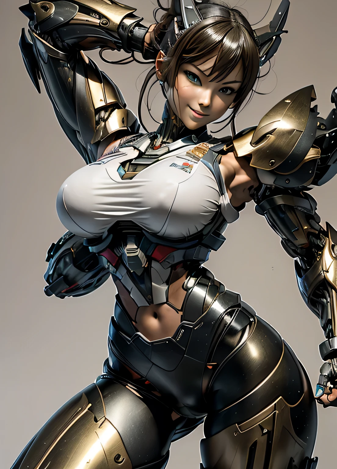 rough skin, Super detailed, advanced details, high quality, 最high quality, High resolution, 1080P, hard disk, beautiful,(cyborg),(Missiles from the chest),(machine gun from both hands),beautifulcyborgの女性,メカcyborg少女,battle mode,Mecha body girl,彼女は武器を持ったバトルcyborgメカを身に着けています,full body armored、Chest armor、full body shot、luscious lips, (smoky eye makeup:0.85), (big and full breasts:1.5)、,Relaxed smile