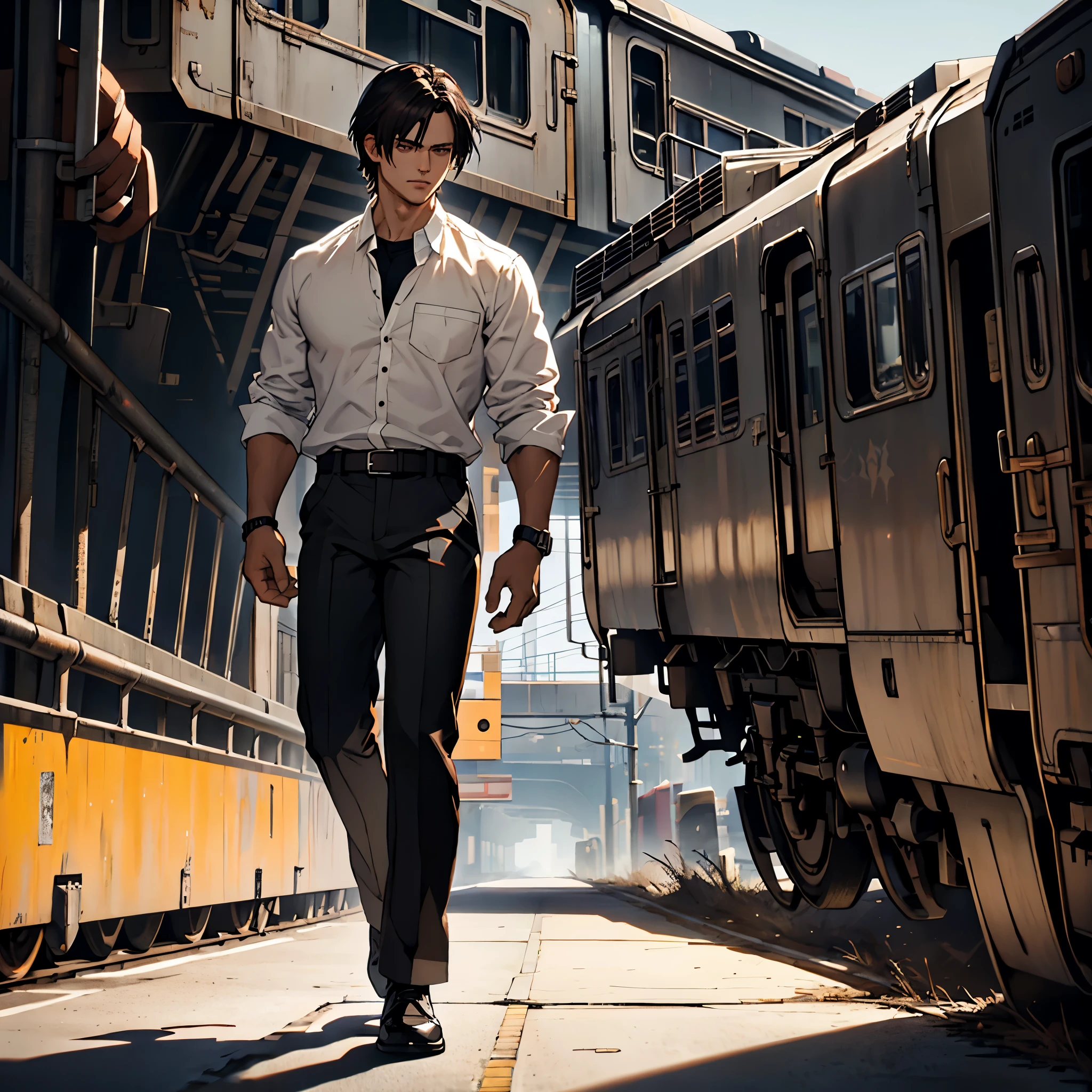 stern, facing camera, white button down, pants, belt, handsome, dark brown hair, dark hair, black hair, school uniform, train background, white shirt, black pants, full body