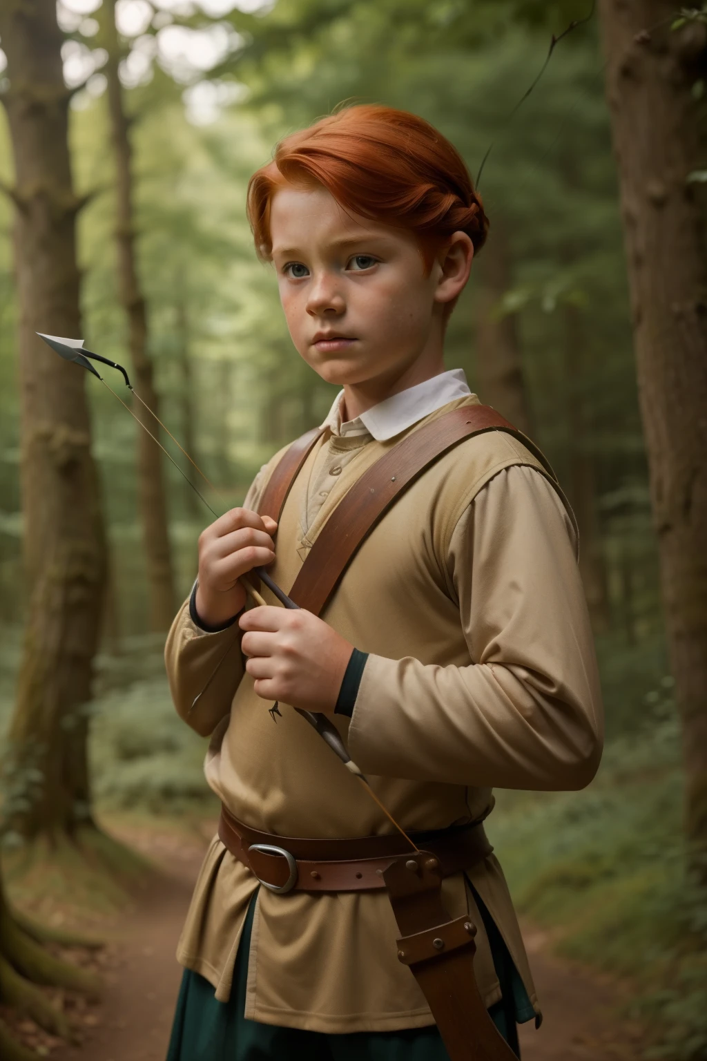 England, 1327. A little ((((11-year-old)) Merthin Fitzgerald)), handsome, athletic, with an archery bow and arrow, in the forest, ((frustrated expression)). ((((clothings from the 1300s)))), ((redhead hairstyle of the 1300s))