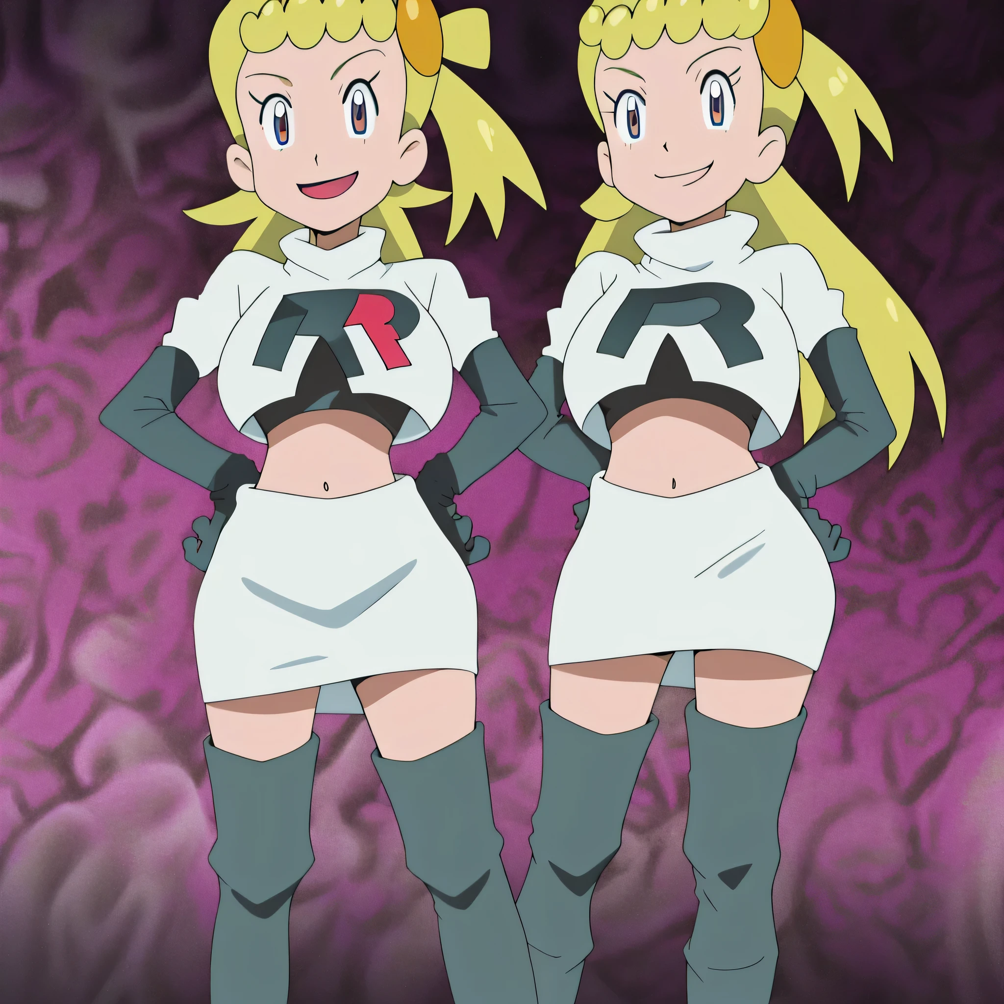 8k, anime screencap,1girl in, (solo:1.1), (perfect body:1.1), (best quality:1.1), very large breast, team rocket uniform, red letter r, white skirt,white crop top,black thigh-high boots, black elbow gloves, evil smile, looking down at viewer, hands on hips,zettai ryouiki,
