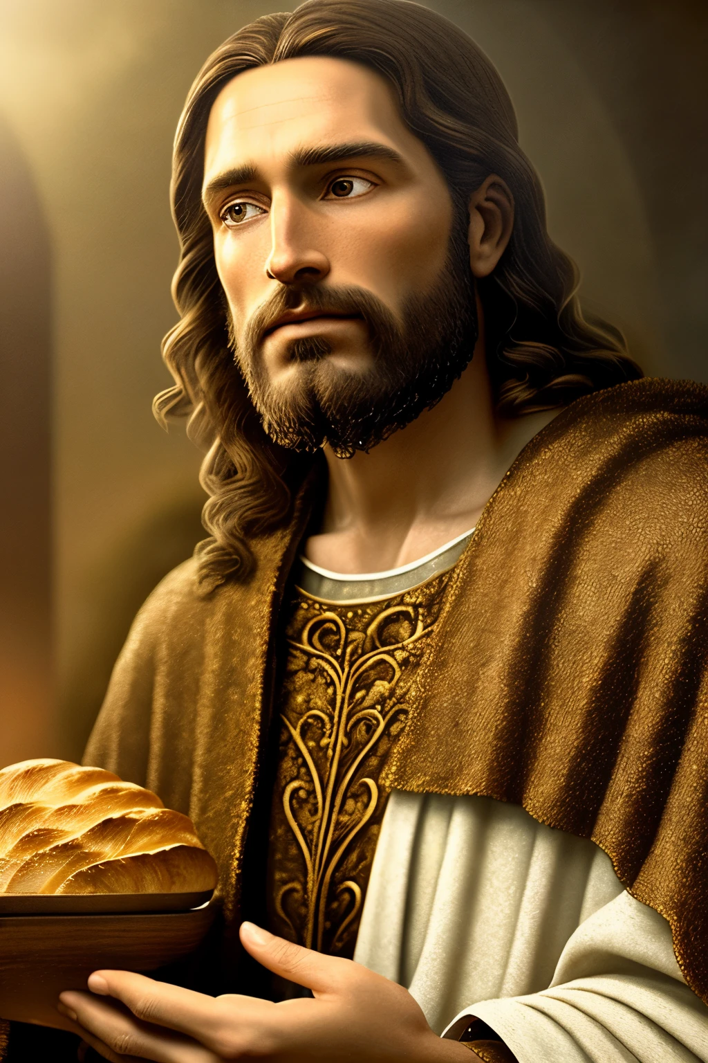 A highly detailed and realistic image of Jesus Christ, skillfully crafted, as he raises his hand to bless a freshly baked loaf of bread. The intricate textures of his robe and the engaging expression on his face create an authentic and peaceful atmosphere. Detailed shadows and highlights bring depth to the image, making it a stunning and beautiful piece for any space. 8k resolution.