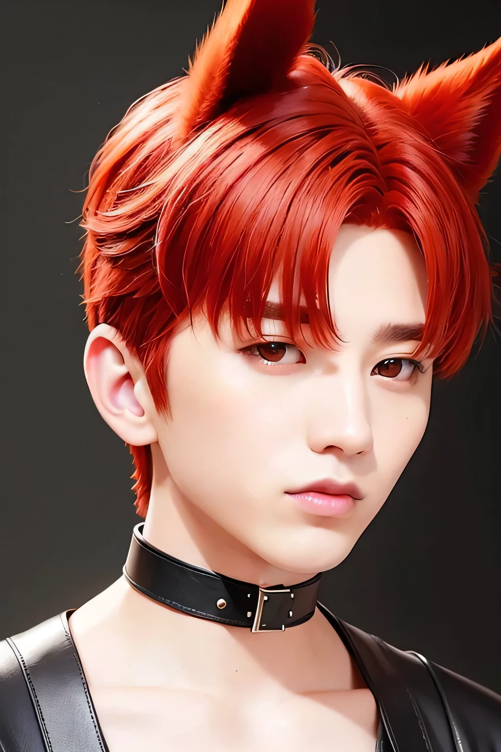 1 person、high quality，masterpiece，8K, (Close up side head shot)　、((bright red hair))、Leather choker、、、((dog ears))