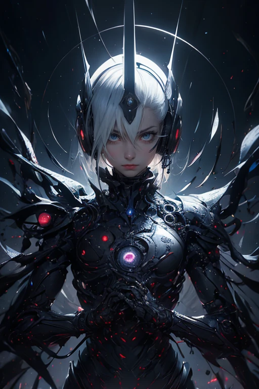 ticker mechanism, Beautiful eyes, Upper body, （Mechanical armor）, portrait、abyss、Shooting with a wide-angle lens,Lightning from a kaleidoscope hand、fly through the air、irreproachable、neon lights, 8K, RAW, Best quality, table, Super high resolution, Colorful, (medium wide shot), (Dynamic perspective), Sharp Focus , (depth of field, hips:1.3), extremely detailed eyes and face,ninja artist, beautiful detailed eyes、Black gold, Trimmed Gear:1.2), ((table, Best quality)), detailed information, Inside a spaceship、Hold your weapon、（gray hair）、blue eyes、ponytail、muddy、bioluminic、many crescents、Shot on Canon R5.、Dark Fantasy,masterpiece,connected to the plug、spectrum、Space City、Hvery detailed beautiful porcelain profile female android face、Complex 3D rendering of the headset、Cyborgs、robotотехнические детали、150 mm、beautiful studio soft light、rim light、bright details、Luxuriouscyberpunk、Ren Hao、surreal、anatomical、facial muscles、cable electrical wires、microchips、elegant、beautiful backgrounds、Octane render、HR Giger&#39;s style、8K、top quality、masterpiece、enlightenment、very gentle and beautiful、very detailed、nffsw ,Unity ,Wallpaper,fabulous, attention to detail, masterpiece,top quality,Official art,Hvery detailed ticker Unity 8K wallpapers、robot、Silver beads、((full length esbian body))