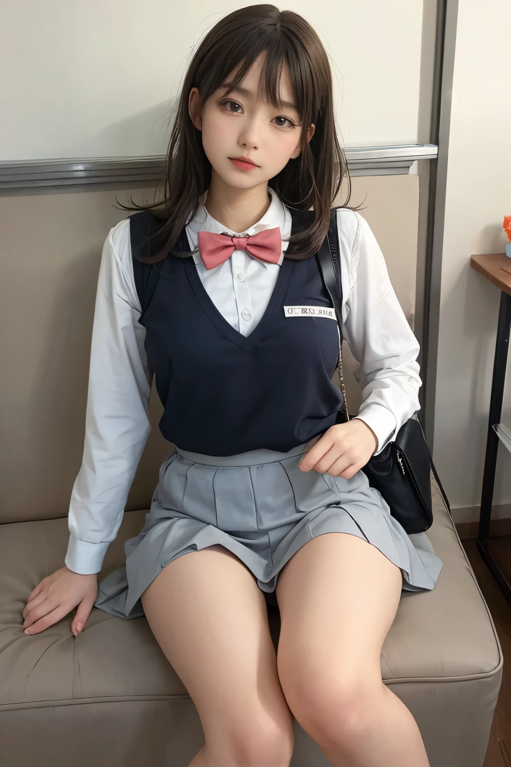 wearing short skirt、Alafid asian woman wearing bow tie sitting on train, cute schoolgirl, japanese schoolgirl, wearing japanese school uniform, japanese school uniform, a hyperactual schoolgirl, Dress up as a schoolgirl, hyperactual schoolgirl, Wearing school uniform, actual , girl wearing, Wearing school uniform, one poses, whole body, Good skin, glowing skin, beautiful thighs,glowing thighs, Glowing legs, (())