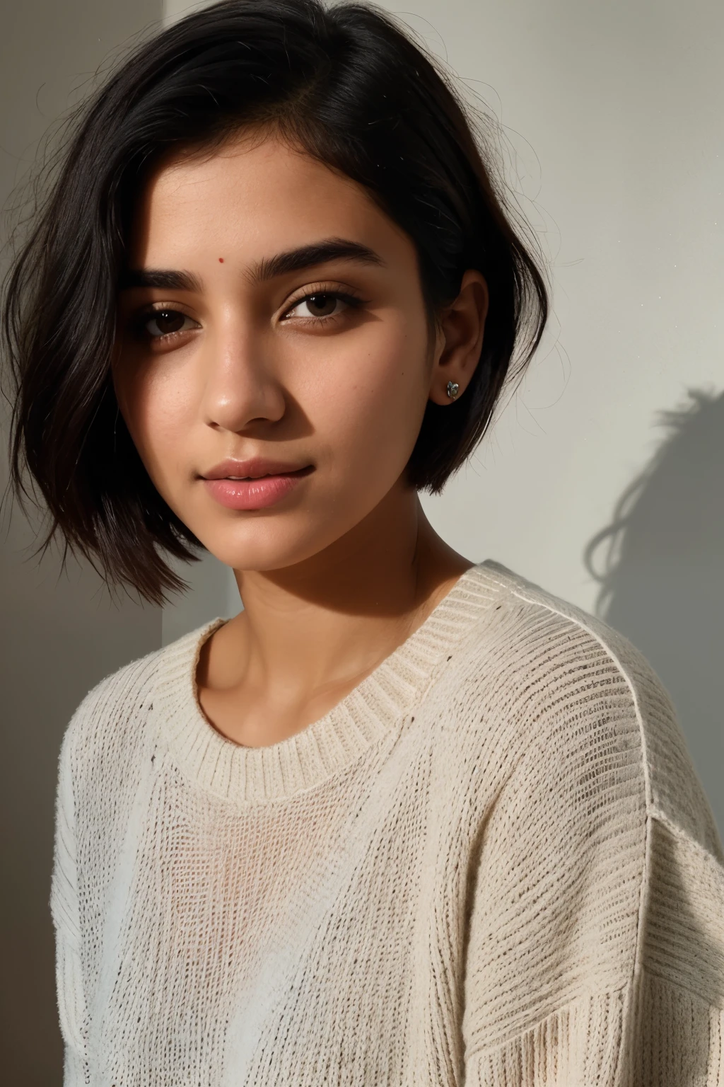 instagram photo, 21yo french woman, short hair, black hair, closeup portrait, sweater, pale, hard shadow, indian version , realistic face , hair litle bit long and realistic