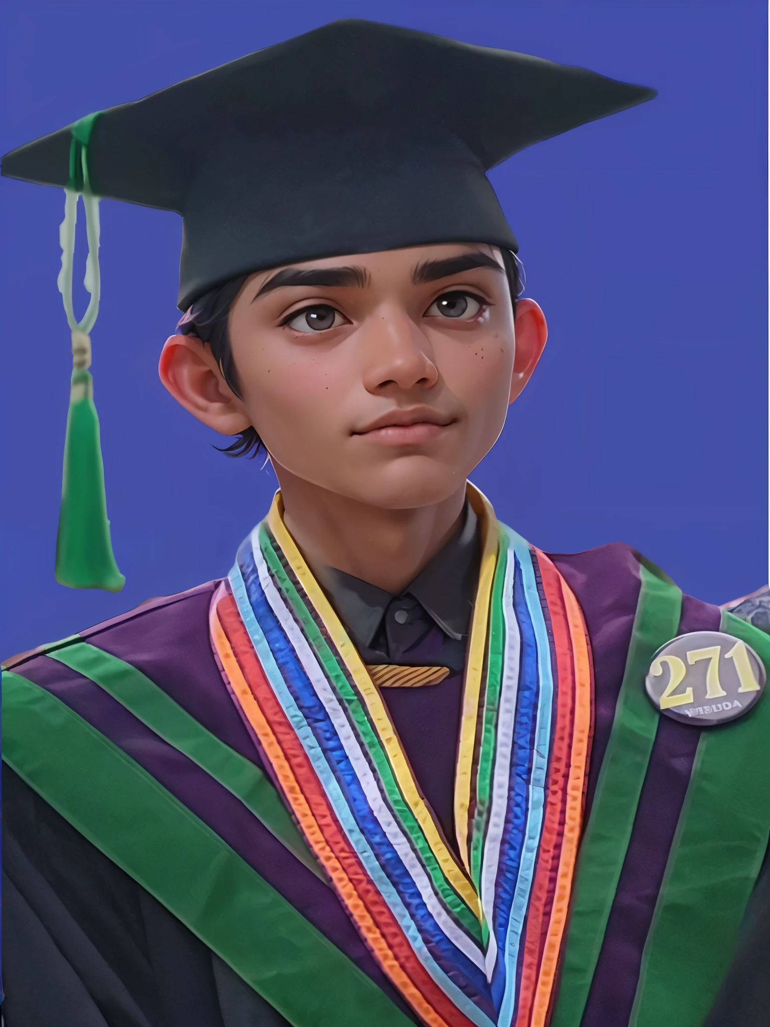 arafed male in a graduation cap and gown with a colorful ribbon around his neck, graduation photo, wearing an academic gown, post graduate, bao pham, student, ramil sunga, john jude palencar, album photo, discovered photo, dzung phung dinh, nivanh chanthara, victor ngai, photoshot, (highly detailed face:1.4) (smile:0.7) (background inside dark, moody, private study:1.3) POV, by lee jeffries, nikon d850, film stock photograph ,4 kodak portra 400 ,camera f1.6 lens ,rich colors ,hyper realistic ,lifelike texture, dramatic lighting , cinestill 800