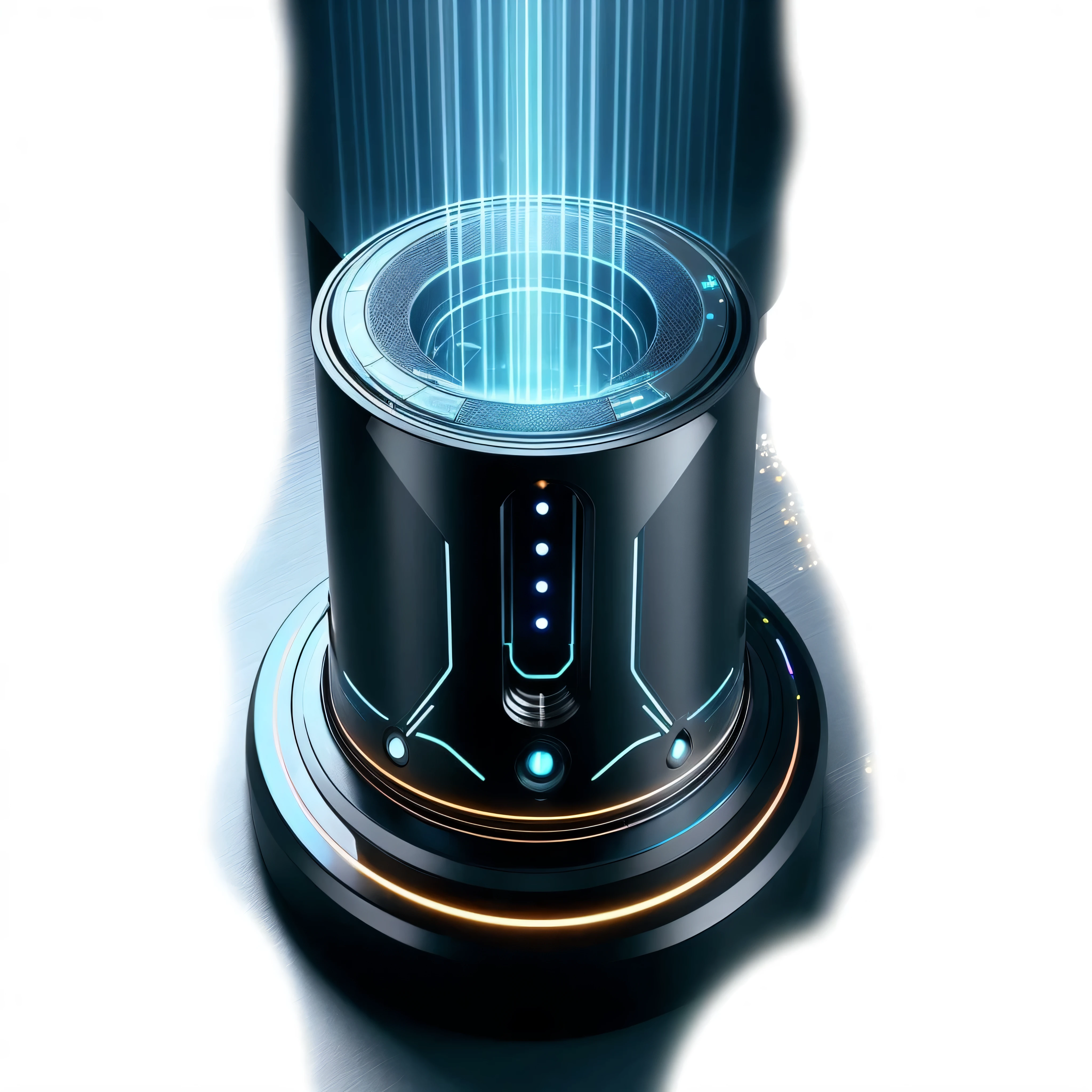 an holographic projector, futuristic, linear and simple forms . on a table. Laser blue light. no subjects