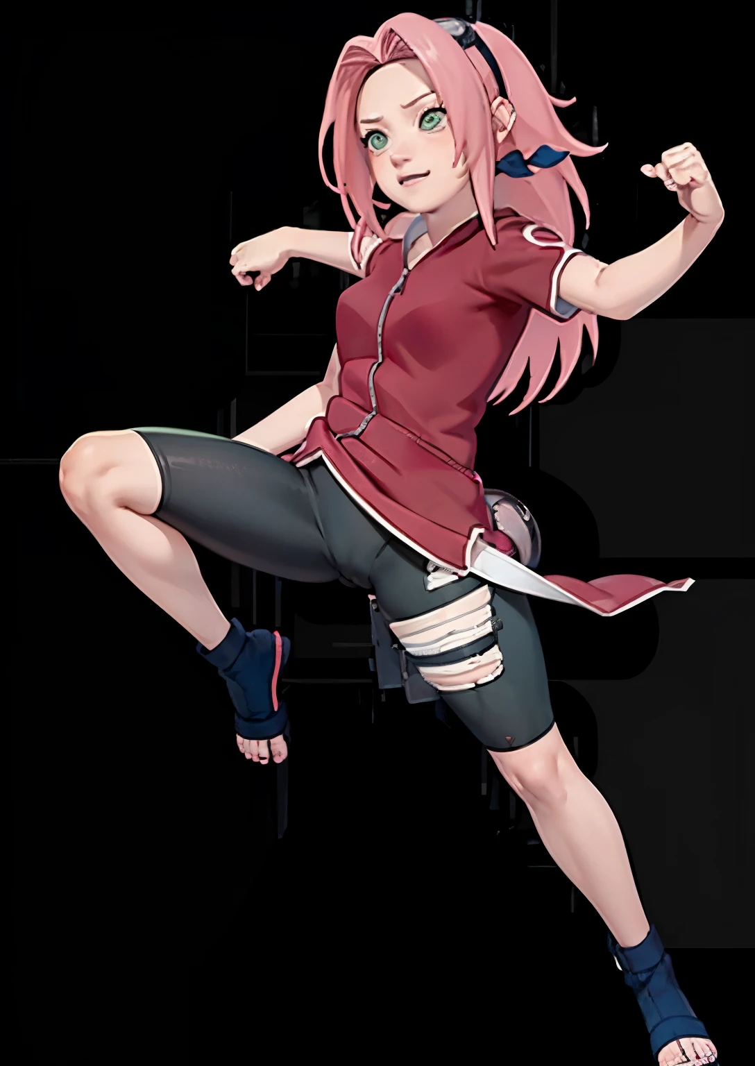 ((masterpiece: 1.2)), ((high quality)), (detail), High quality, a girl in a tight red t-shirt, black leggings, black yoga pants, haruno sakura, sakura haruno, sakura haruno in slug sage mode, from naruto, happy!!!, badass pose, two legs and thigh open, perfect face, pefect body, perfect anatomy, pretty girl, cute girl, long hair, green eyes, thighs open. 8k