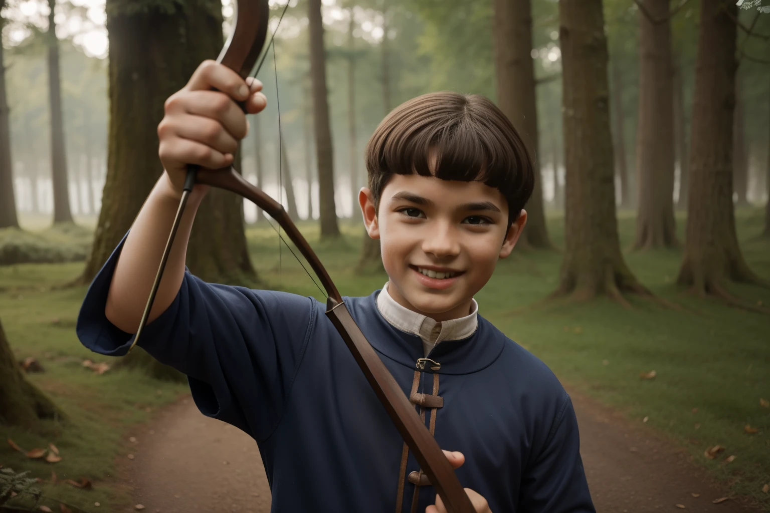 England, 1327. A little ((((10-year-old)) Ralph Fitzgerald)), tall, athletic, intense eyes, ambitious, with an archery bow and arrow, in the forest, ((happy expression)). ((((clothings from the 1300s)))), ((dark hairstyle of the 1300s))