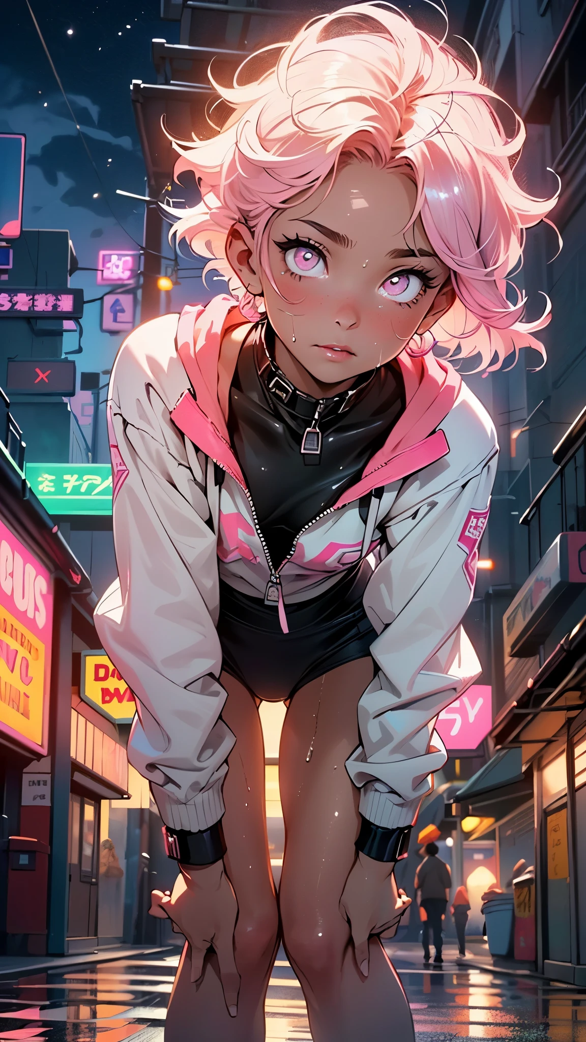 (1:1.3),(1boy:1.5),15-year-old,ager,femboy,Libido boy,Female physiognomy,
littlittle boy,boynly,,1boy,(male gender:1)))),
pink hair,short detailed hair,(((neon_pink_eyes:1.3))),intricate eyes,beautiful detailed eyes,symmetrical eyes,big eyes:1.5,'s chest,((kid body,a little chubby,good anatomy,accurate body proportions,detailed shota body for young boy,perfect anatomy))),
serious and thoughtful man,(nsfw),
flat chest,((fat)),(((lustrous skin:1.5,bright skin: 1.5,skin tanned,shiny skin,very shiny skin,shiny body,plastic glitter skin,exaggerated shiny skin,illuminated skin,wet legs))),(detailed body),
collar around his neck,The collar is attached to a thick dog leash,(tiny bulge on pants),Sweatshirt,revealing clothing,show skin,(micro clothes,rave fashion,visible thong straps,accessories LED),((underpants strap)),((wet clothes,intricate outfit,intricate clothes)),
(Sexy pose:1.0),(centered,scale to fit dimensions,Rule of thirds),
cyberpunk city by the ocean at night, with bright neon signs and dark stormy clouds and puddles, scenery:1.25,nighttime, starry night, cosmos,Very dark night that makes the neon lights stand out, very bright neon lights,nighttime, starry night, cosmos,
artistic photography,(photography taken by sldr),highres, sharp focus,(ultra detailed, extremely detailed), (photorealistic artwork:1.37),(extremely detailed CG unity 8k wallpaper),((synthwave background theme)),(((vibrant colors))),intricate,(intricate background),(masterpiece),(best quality),perfect rendered face,perfect face details,realistic face,photo realistic,analog style,((intricate detail)),(((realism))),