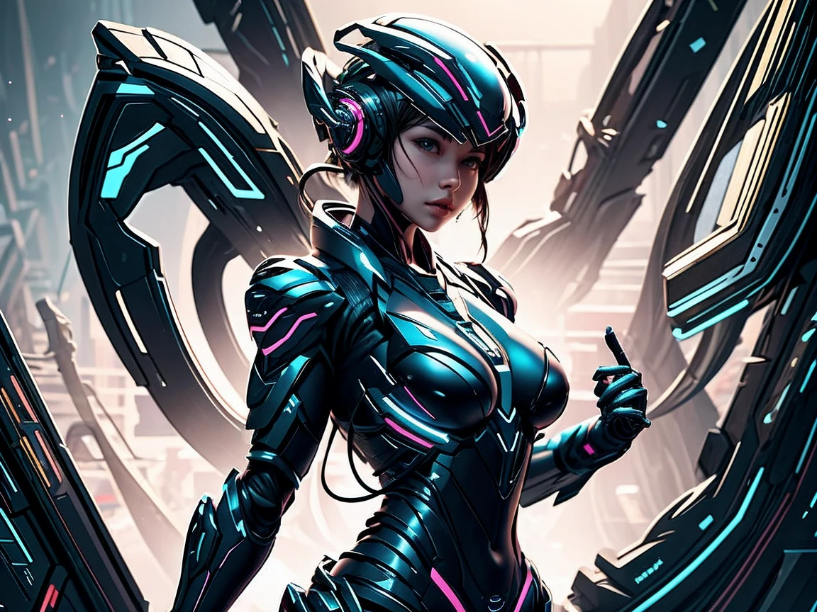 A city ruled by AI、endless hyper network、Huge cylindrical mother computer、A mess of wiring、wires strung out、Rear view of a woman standing up、spark、A female android with wings.、shoot an electric shock