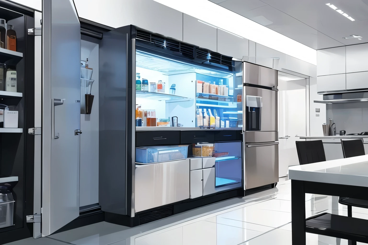 Refrigerator door design with an ice maker，The lower drawer is designed to be transparent，The top bar is simple and clean