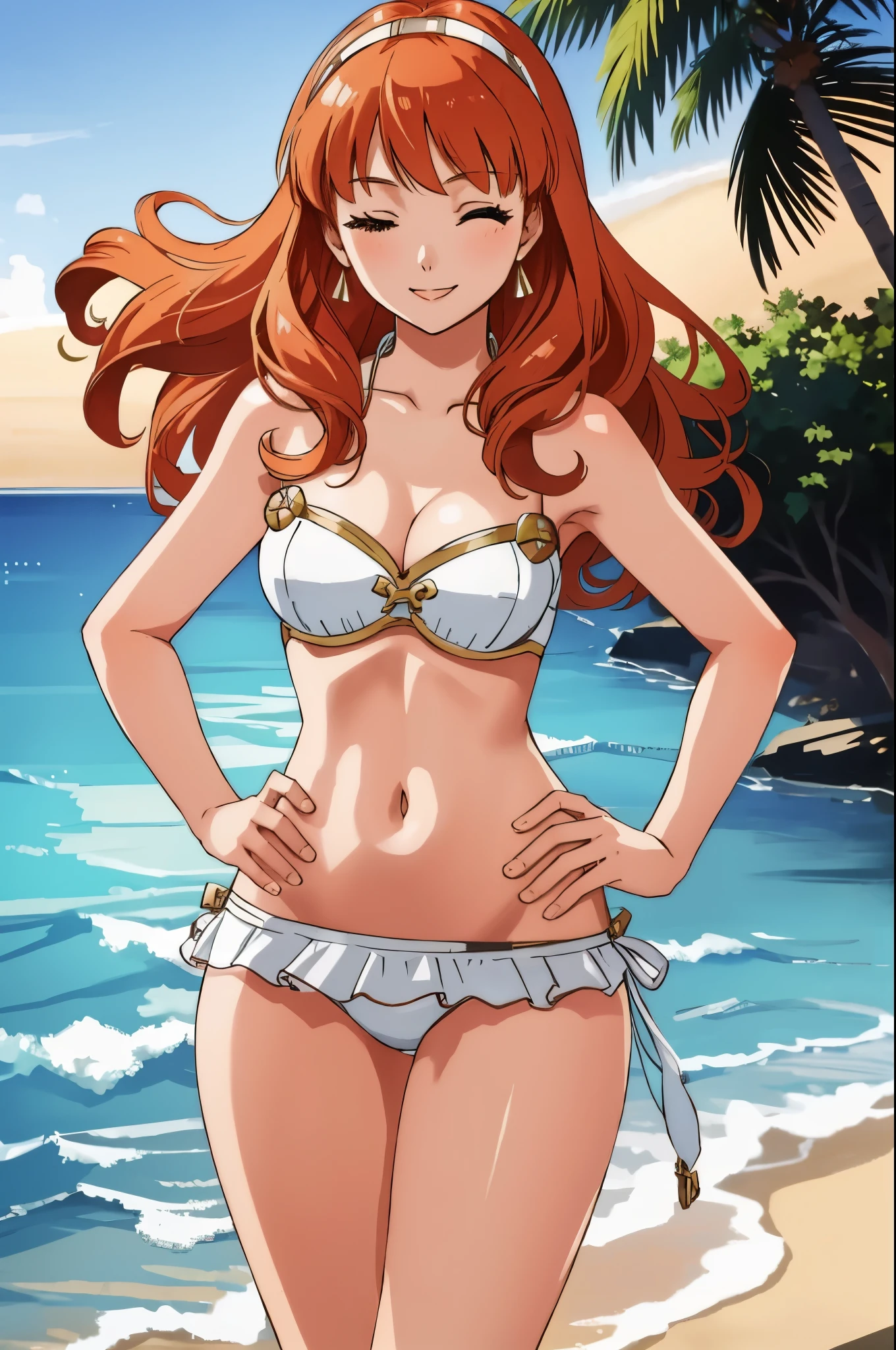 celica fe, 1girl, solo, looking at viewer, beach background, white bikini, strapless bikini, strapless, seductive smile, one eye closed, cowboy shot, very long hair, hand on own hip