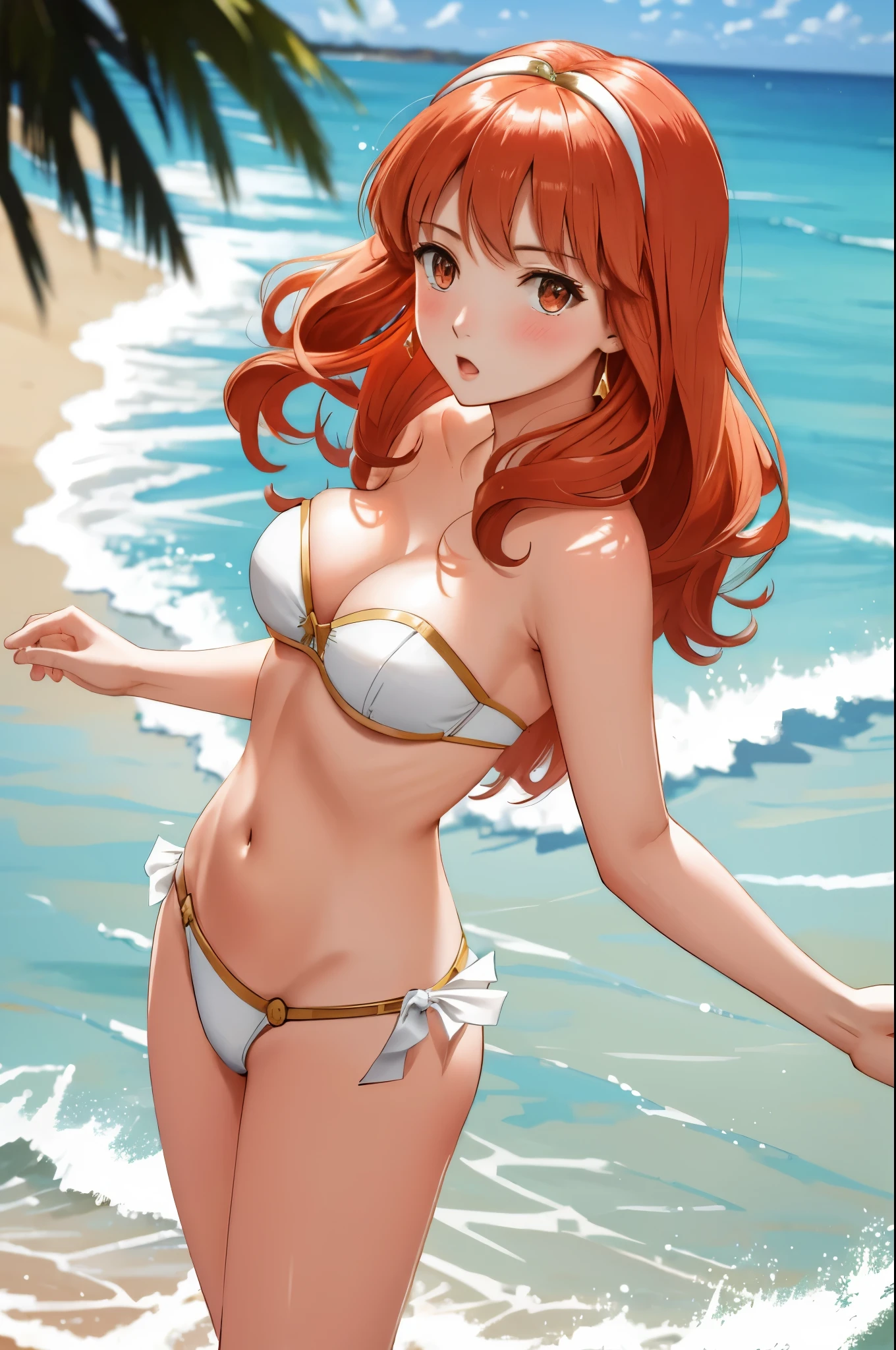 celica fe, 1girl, solo, looking at viewer, beach background, white bikini, strapless bikini, strapless, breast hold, breast lift, :o, blush, cowboy shot, from side,