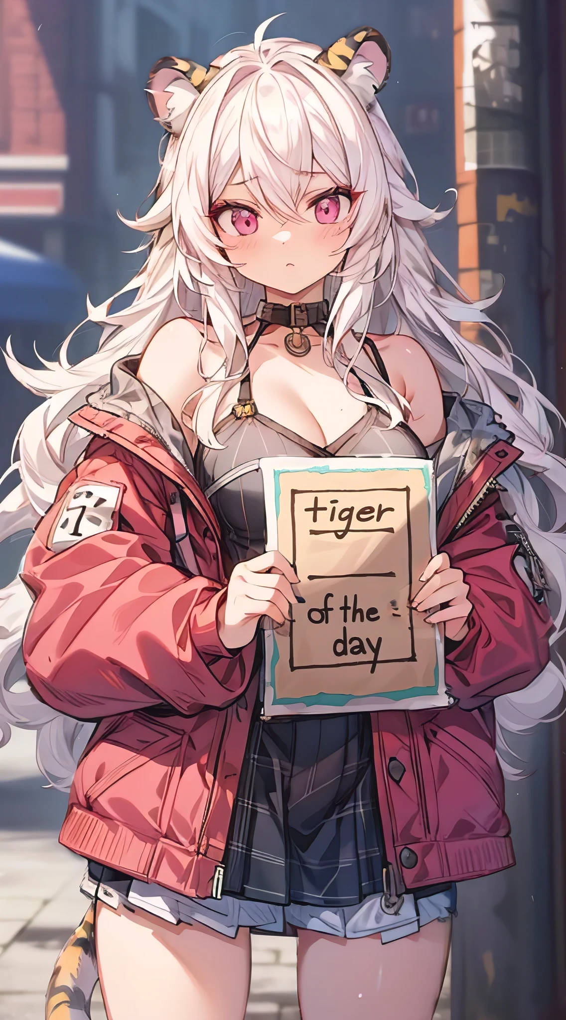 a beautiful adult female, long white hair, pink eyes, long eyelashes, holding a sign that says "tiger of the day", tiger ears, tiger tail