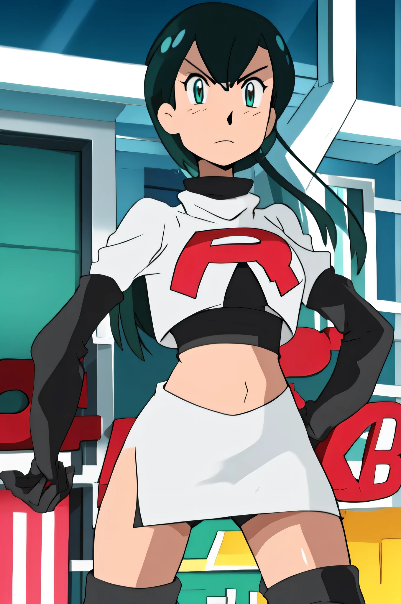 team rocket uniform, red letter r, white skirt, white crop top, black thigh-high boots, black elbow gloves, glaring angrily, looking at viewer, hands on hips, zettai ryouiki, PallaFE