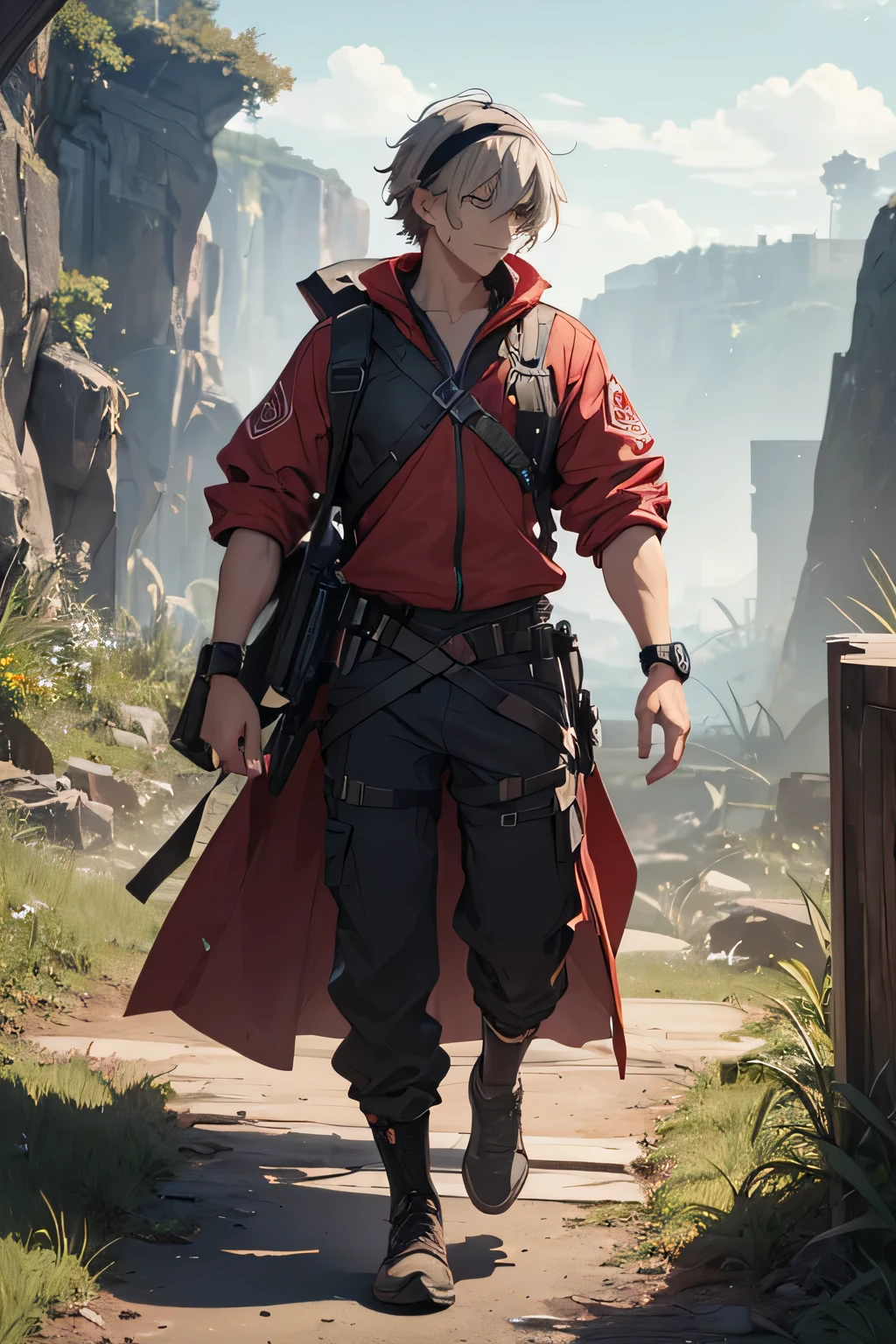 Unorganized resolution, High resolution, anime style,(masterpiece: 1.4), hyper detail,male, A handsome boy with distinct features,short gray hair, wide black hair band,running, full body figure, wilderness