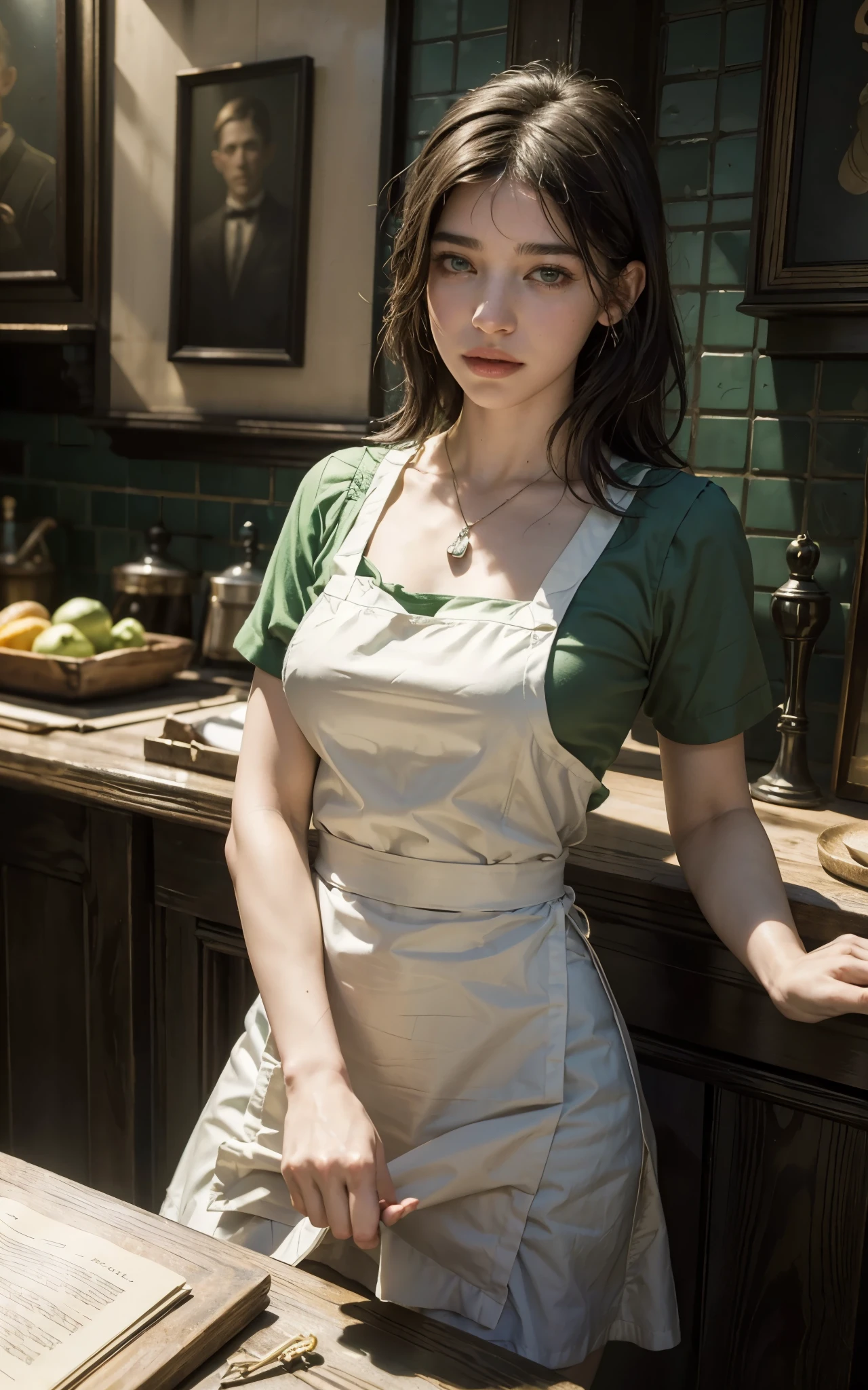(Dua Lipa:Evangeline Lilly) waitress, ((white apron)), ((green shirt)), 1920 style, masterpiece, Lovecraft atmosphere, (pendant of a key), hyperdetailed, ((rule of thirds))