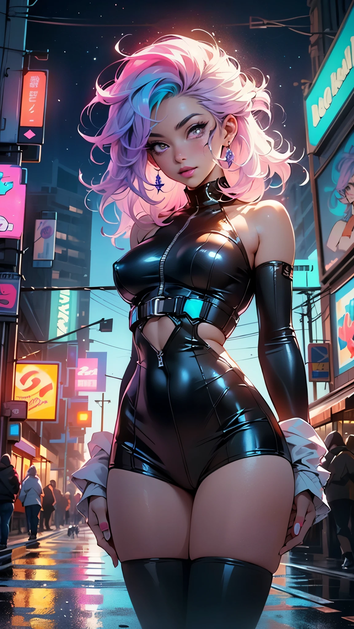 cute cartoon girl,(((1girl))),((extremely cute cartoon girl with liquid paint hair)),
(large breasts:1.4),(((very long hair,absurdly long hair,hair down to the waist,liquid paint hair:1.1,neon purple hair|neon pink hair|neon blue hair|neon aqua hair|purple hair|fuchsia hair|fluorescent blue hair|amethyst hair|neon hair|bright pink hair :1.5,bright hair: 1.3,hair made of paint and defies gravity,thick flowing,paint splatter:1.3,shiny hair: 1.3,vibrant colored hair))),((heterochromia:1.5, (purple_eye and pink_eye))),intricate eyes,beautiful detailed eyes,symmetrical eyes,((fat)),(((lustrous skin:1.5,bright skin: 1.5,skin tanned,shiny skin,very shiny skin,shiny body,plastic glitter skin,exaggerated shiny skin,illuminated skin,wet legs))),(spider lower abdomen,narrow waist,wide hip,athletic body,inflated legs, thick thighs,detailed body,(detailed face)),
cute,slutty,seductive,erotic,(nsfw)
(((liquid paint clothes,clothes made of liquid paint,body paint))),underboob,with liquid paint micro clothes,body paint,dripping paint,liquid pain tiny thong,bare legs,((wet liquid paint clothes,detailed outfit,detailed liquid paint clothes)),
(dynamic pose:1.0),solo focus,embarrassed,(centered,scale to fit dimensions,Rule of thirds),
cyberpunk city by the ocean at night, with bright neon signs and dark stormy clouds and puddles, scenery:1.25,nighttime, starry night, cosmos,Very dark night that makes the neon lights stand out, very bright neon lights,nighttime, starry night, cosmos,
artistic photography,(photography taken by sldr),highres, sharp focus,(ultra detailed, extremely detailed), (photorealistic artwork:1.37),(extremely detailed CG unity 8k wallpaper),((synthwave background theme)),(((vibrant colors))),intricate,(intricate background),(masterpiece),(best quality),perfect rendered face,perfect face details,realistic face,photo realistic,analog style,((intricate detail)),(((realism))),
