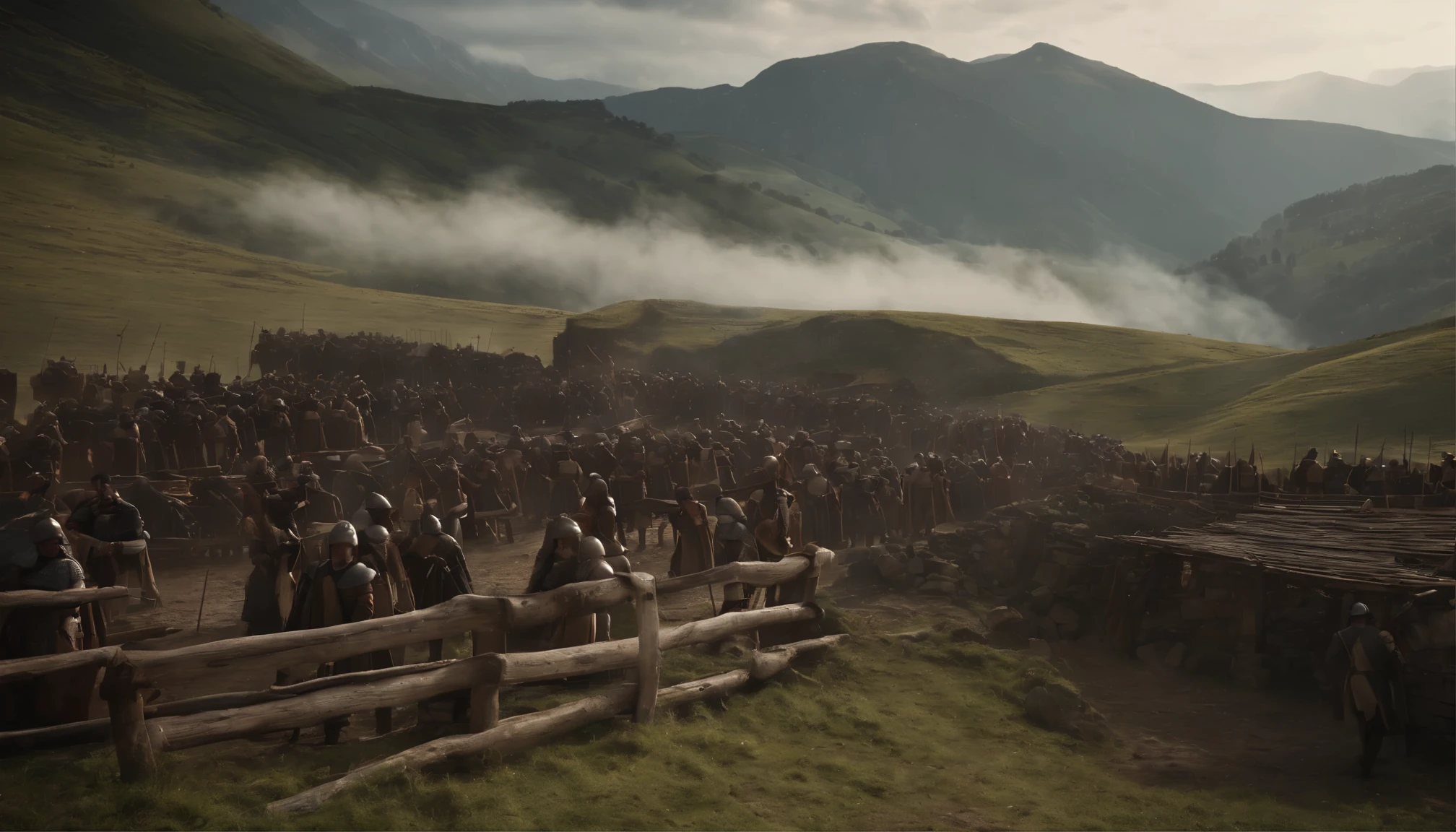 Create a realistic photo of a valley during the 12th century, where a medieval army has barricaded the area with wooden structures to prevent their retreat. The scene should depict a rugged, mountainous landscape with a narrow valley, and the wooden barricades should appear weathered and battle-worn. The army should be visible in the background, preparing for battle and standing defiantly behind the barricades. The photo should capture the sense of determination and resilience of the soldiers as they make a stand in the face of adversity. The lighting and atmosphere of the image should convey a sense of historical authenticity, transporting the viewer back to the tumultuous era of the 12th century.