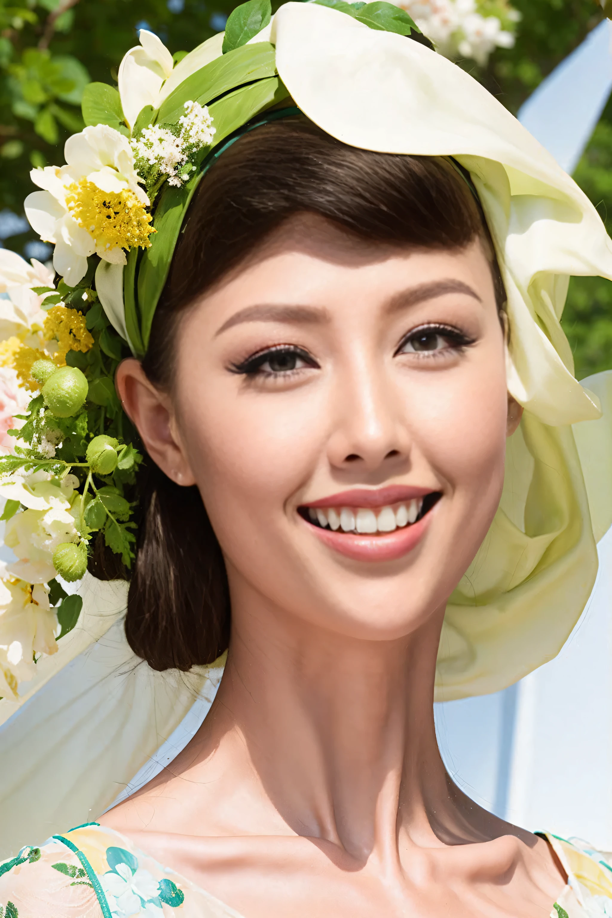 Fashion model 20 years old [[[[close up]]]], [[[[neck]]]], [[[[Shoulder]]]], perfect eyes, perfect iris，perfect lips，perfect teeth，perfect skin，White skin，Soft headlight，high-density imaging review，long hair，（Face is clear and delicate），White casual wear，The background is outdoor，Green trees and flowers，best quality，masterpiece，(((whole body image))),（pastel colors：1.2）

