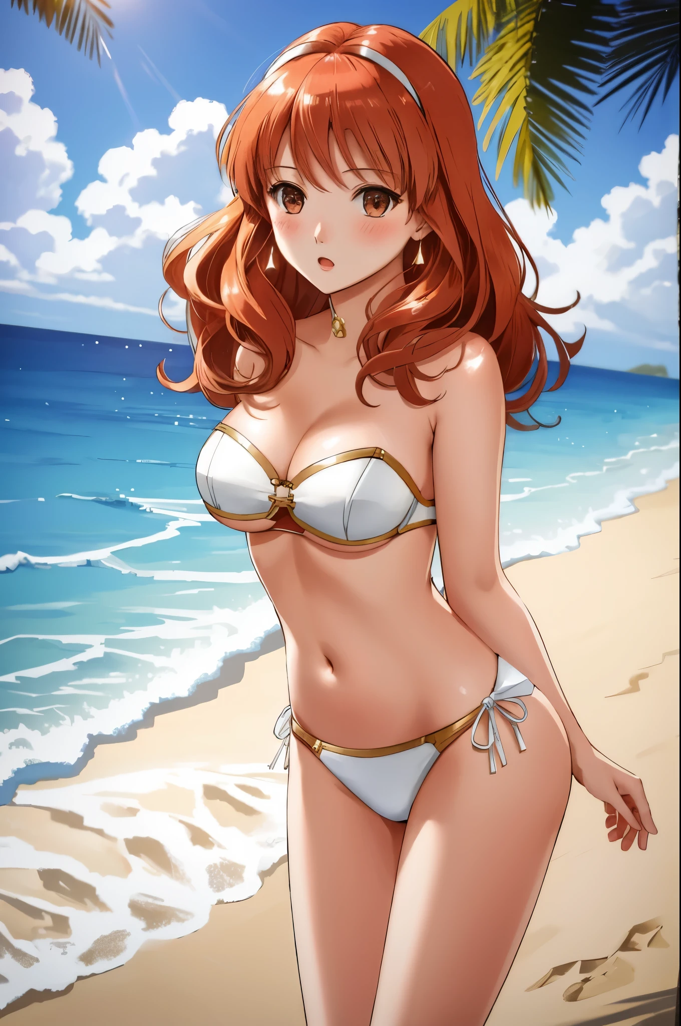 celica fe, 1girl, solo, looking at viewer, beach background, white bikini, strapless bikini, strapless, breast hold, breast lift, :o, blush, cowboy shot, 