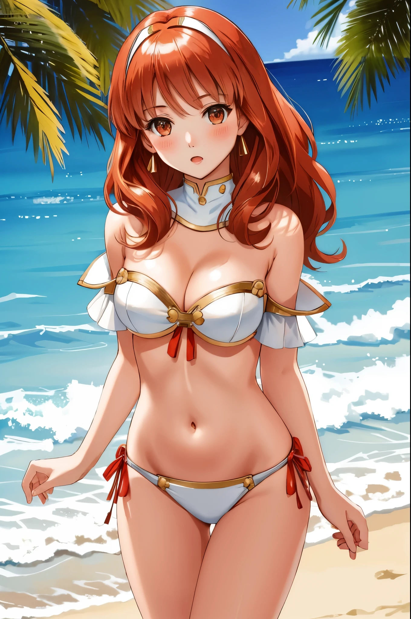 celica fe, 1girl, solo, looking at viewer, beach background, white bikini, strapless bikini, strapless, breast hold, breast lift, :o, blush, cowboy shot, 