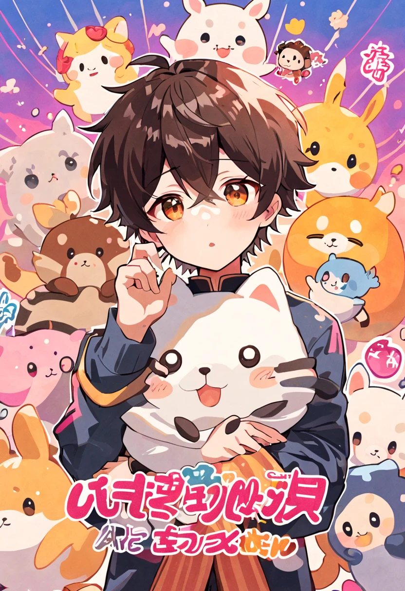 masterpiece, 1 boy, there are many different animals and words written in chinese, hand painted cartoon art style, art cover, kawaii cutest sticker ever, sticker illustration, by Shiba Kōkan, by Kōno Michisei, cute features, 中 元 节, by Gusukuma Seihō, stickers illustrations, cute characters, scifi