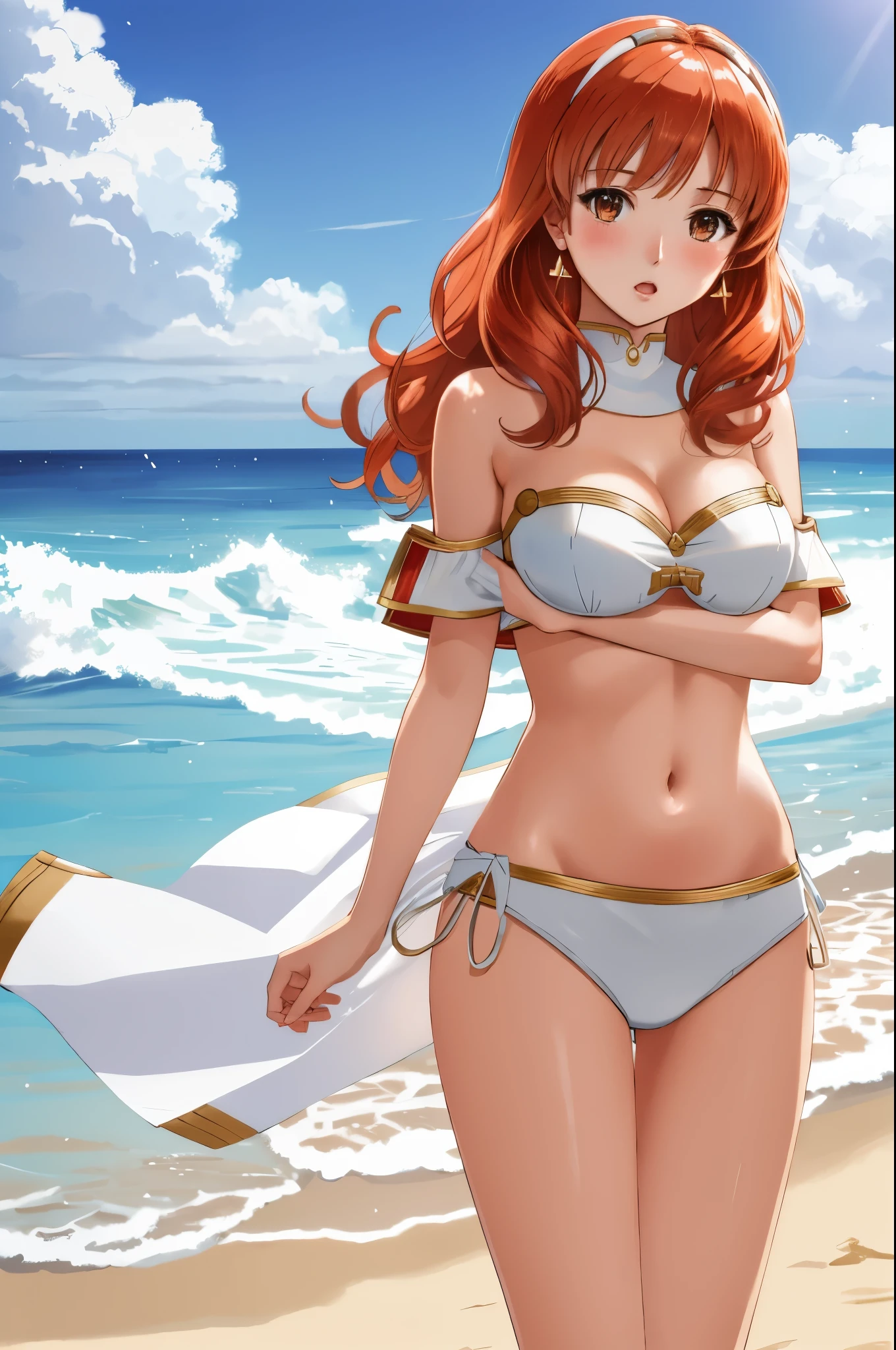 celica fe, 1girl, solo, looking at viewer, beach background, white bikini, strapless bikini, strapless, breast hold, breast lift, :o, blush, cowboy shot, 