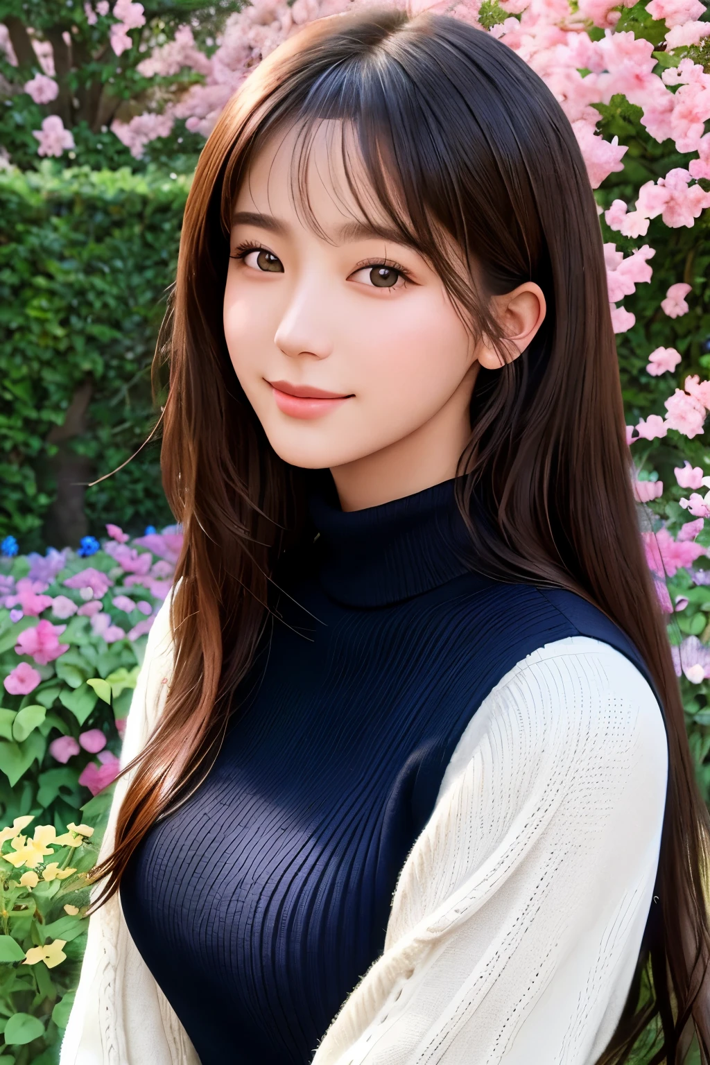 masterpiece,DSLR photo,analog style,nikon d5,real photo,a photo of a beautiful 20 year old woman,dramatic lighting (85mm),with Blooming garden in the background,(detailed facial features),(detailed shiny eyes),dynamic angle,Michelangelo style,long hair,turtleneck sweater,smiling face:1.4,