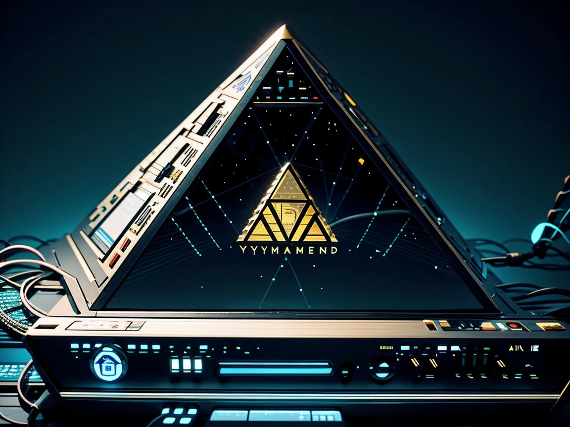 distant universe、Pyramid mother computer、black pyramid、tangled wires、wires strung out、