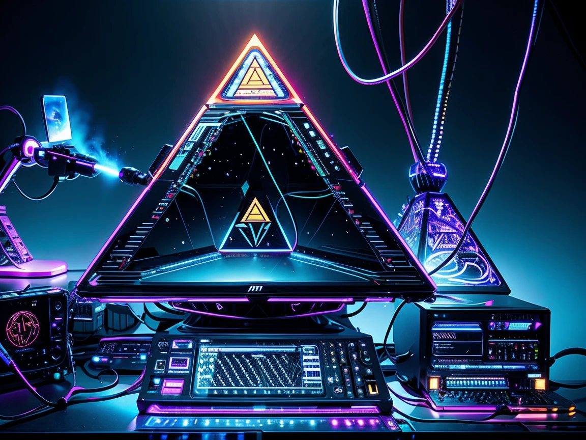 distant universe、Pyramid mother computer、black pyramid、tangled wires、wires strung out、