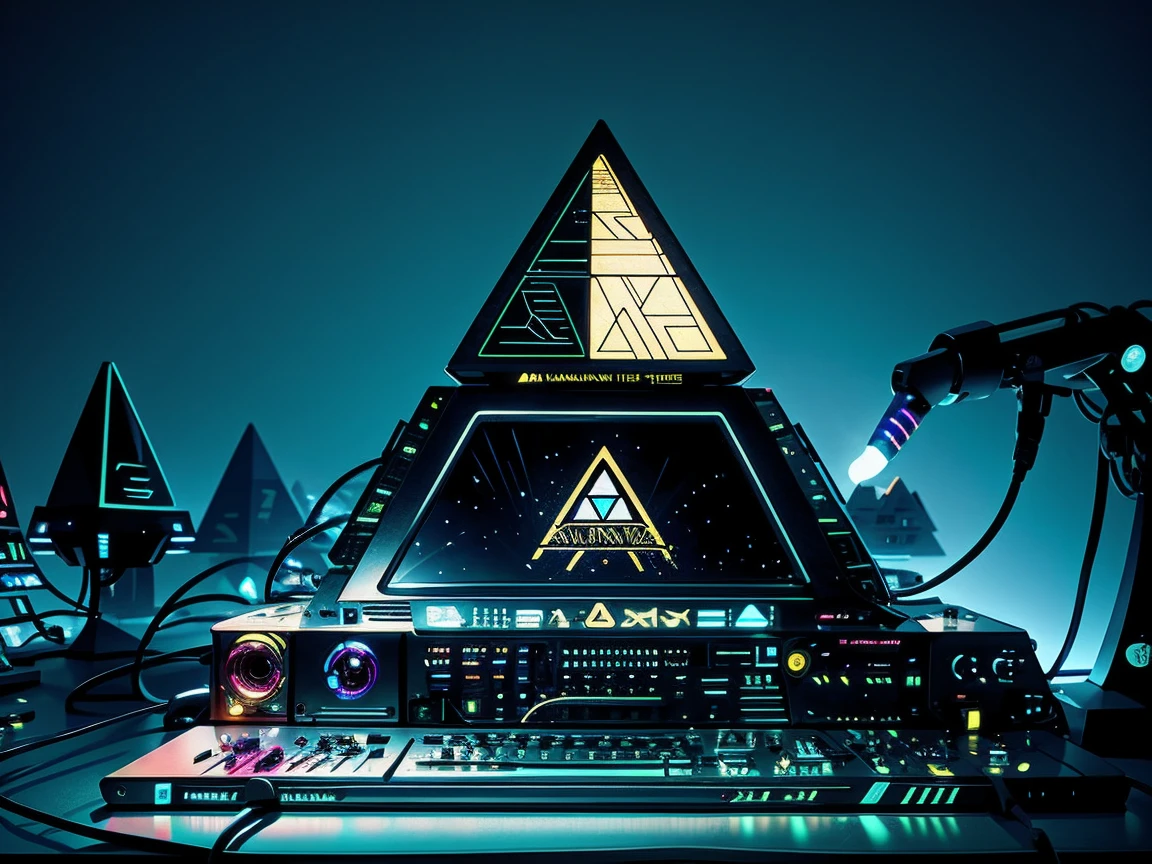 distant universe、Pyramid mother computer、black pyramid、tangled wires、wires strung out、