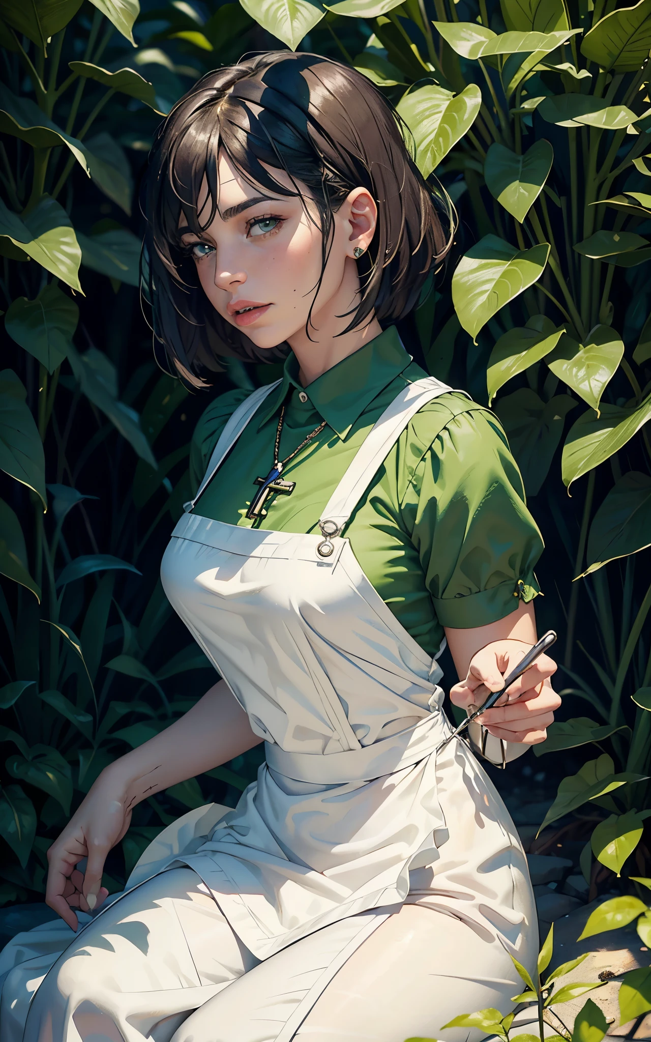 (Dua Lipa:Evangeline Lilly) waitress, ((white apron)), ((green shirt)), 1920 style, masterpiece, Lovecraft atmosphere, (pendant of a key), hyperdetailed, ((rule of thirds))