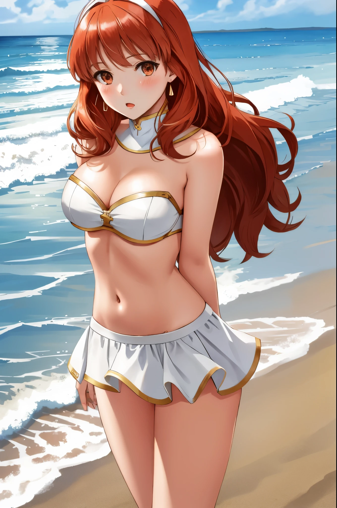 celica fe, 1girl, solo, looking at viewer, beach background, white bikini, strapless bikini, strapless, breast hold, breast lift, :o, blush, cowboy shot, 