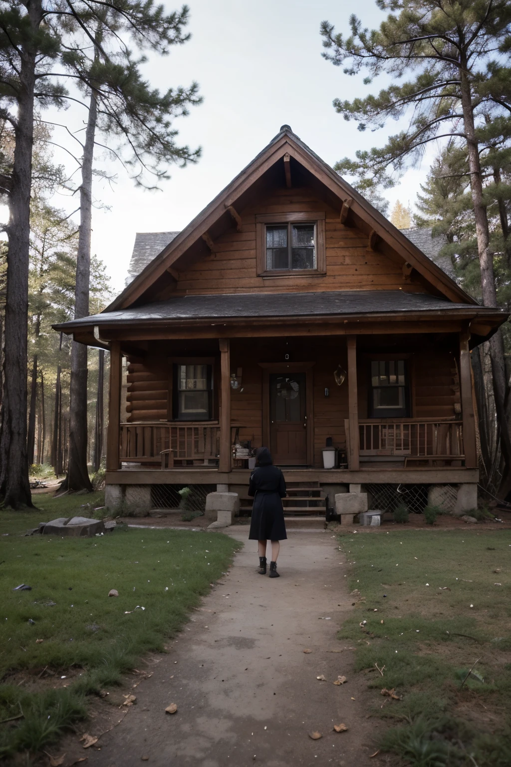 Best quality, masterpiece, super high resolution, A lone cabin in the woods becomes a haven for a writer seeking inspiration. But the tranquility is shattered by the haunting whispers that echo through the trees. The writer discovers a local legend of a creature that feeds on fear, and soon realizes they've become the target. A desperate race against time ensues as the writer tries to unravel the truth and escape the clutches of the entity.
