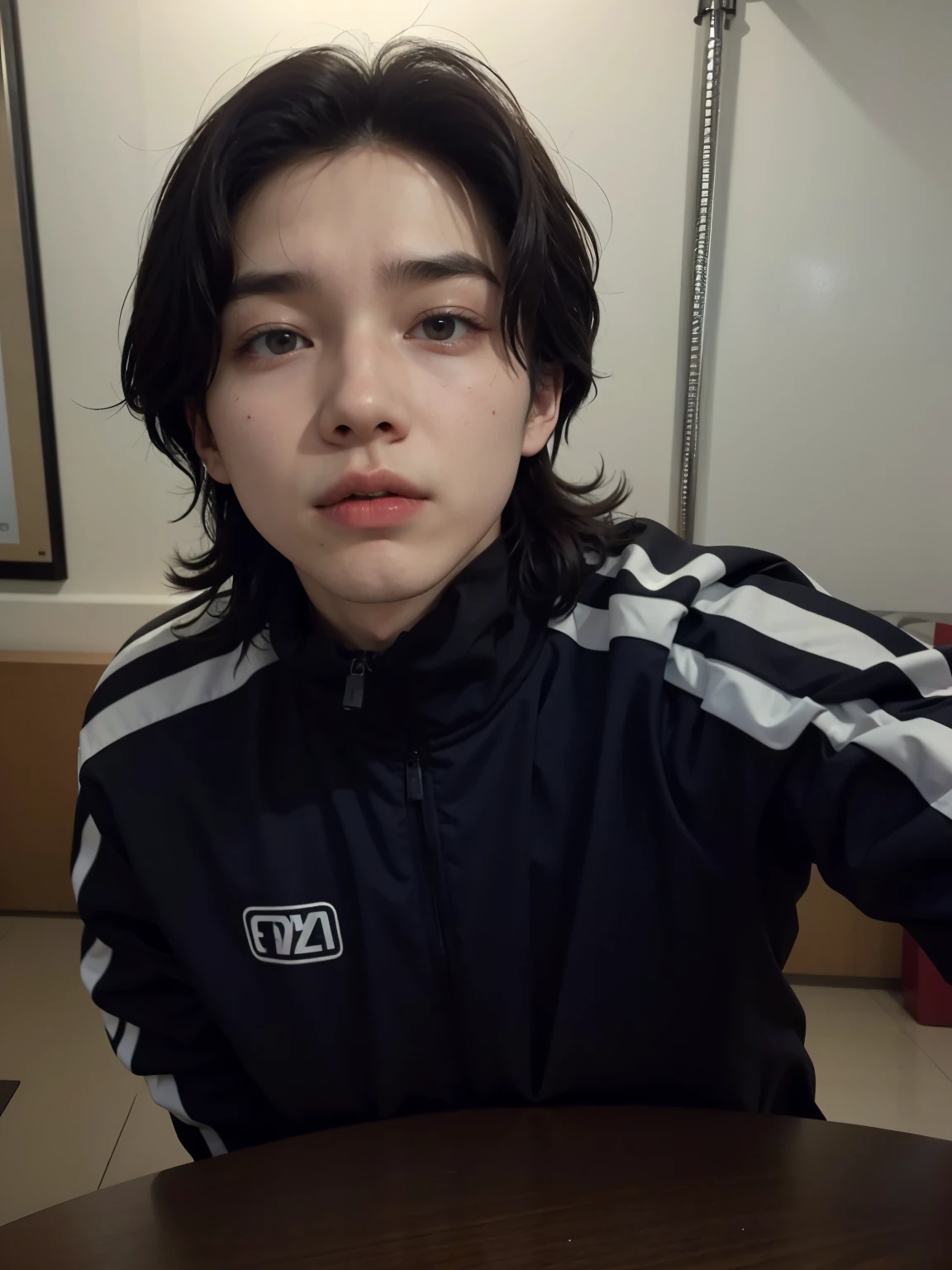 Mujer arafed sentada en una mesa con un plato de comida., young pale angel, kim doyoung, yoongi de pelo negro, vistiendo un traje deportivo, wearing a tracksuit, pale korean adorable face, hombre surcoreano, hyung tae, xqc, sin maquillaje, taken in the early 2020s, Con pelo corto, vistiendo traje de atletismo