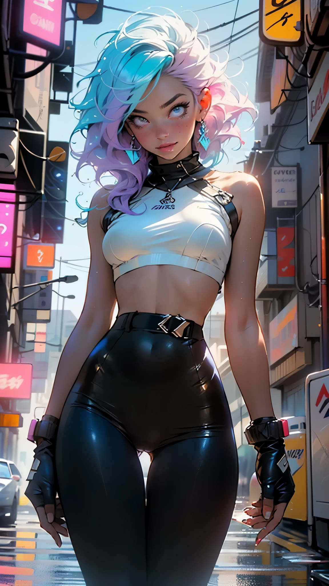 cute cartoon girl,(((1girl))),((extremely cute cartoon girl with liquid paint hair)),

(large breasts:1.4),(((very long hair,absurdly long hair,hair down to the waist,liquid paint hair:1.1,neon purple hair|neon pink hair|neon blue hair|neon aqua hair|purple hair|fuchsia hair|fluorescent blue hair|amethyst hair|neon hair|bright pink hair :1.5,bright hair: 1.3,hair made of paint and defies gravity,thick flowing,paint splatter:1.3,shiny hair: 1.3,vibrant colored hair))),((heterochromia:1.5, (purple_eye and pink_eye))),intricate eyes,beautiful detailed eyes,symmetrical eyes,((fat)),(((lustrous skin:1.5,bright skin: 1.5,skin tanned,shiny skin,very shiny skin,shiny body,plastic glitter skin,exaggerated shiny skin,illuminated skin,wet legs))),(spider lower abdomen,narrow waist,wide hip,athletic body,inflated legs, thick thighs,detailed body,(detailed face)),

cute,slutty,seductive,erotic,(nsfw)

(((liquid paint clothes,clothes made of liquid paint,body paint))),underboob,with liquid paint micro clothes,body paint,dripping paint,liquid pain tiny thong,bare legs,((wet liquid paint clothes,detailed outfit,detailed liquid paint clothes)),

(dynamic pose:1.0),solo focus,embarrassed,(centered,scale to fit dimensions,Rule of thirds),

cyberpunk city by the ocean at night, with bright neon signs and dark stormy clouds and puddles, scenery:1.25,nighttime, starry night, cosmos,Very dark night that makes the neon lights stand out, very bright neon lights,nighttime, starry night, cosmos,

artistic photography,(photography taken by sldr),highres, sharp focus,(ultra detailed, extremely detailed), (photorealistic artwork:1.37),(extremely detailed CG unity 8k wallpaper),((synthwave background theme)),(((vibrant colors))),intricate,(intricate background),(masterpiece),(best quality),perfect rendered face,perfect face details,realistic face,photo realistic,analog style,((intricate detail)),(((realism))),
