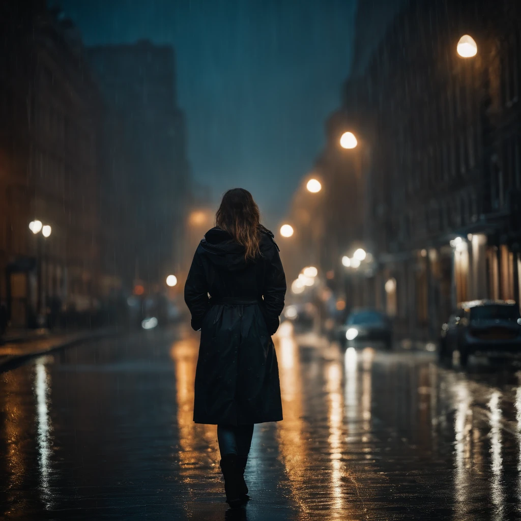 1 girl,City of night,rain,coat,put one&#39;s hand in one&#39;s pocket