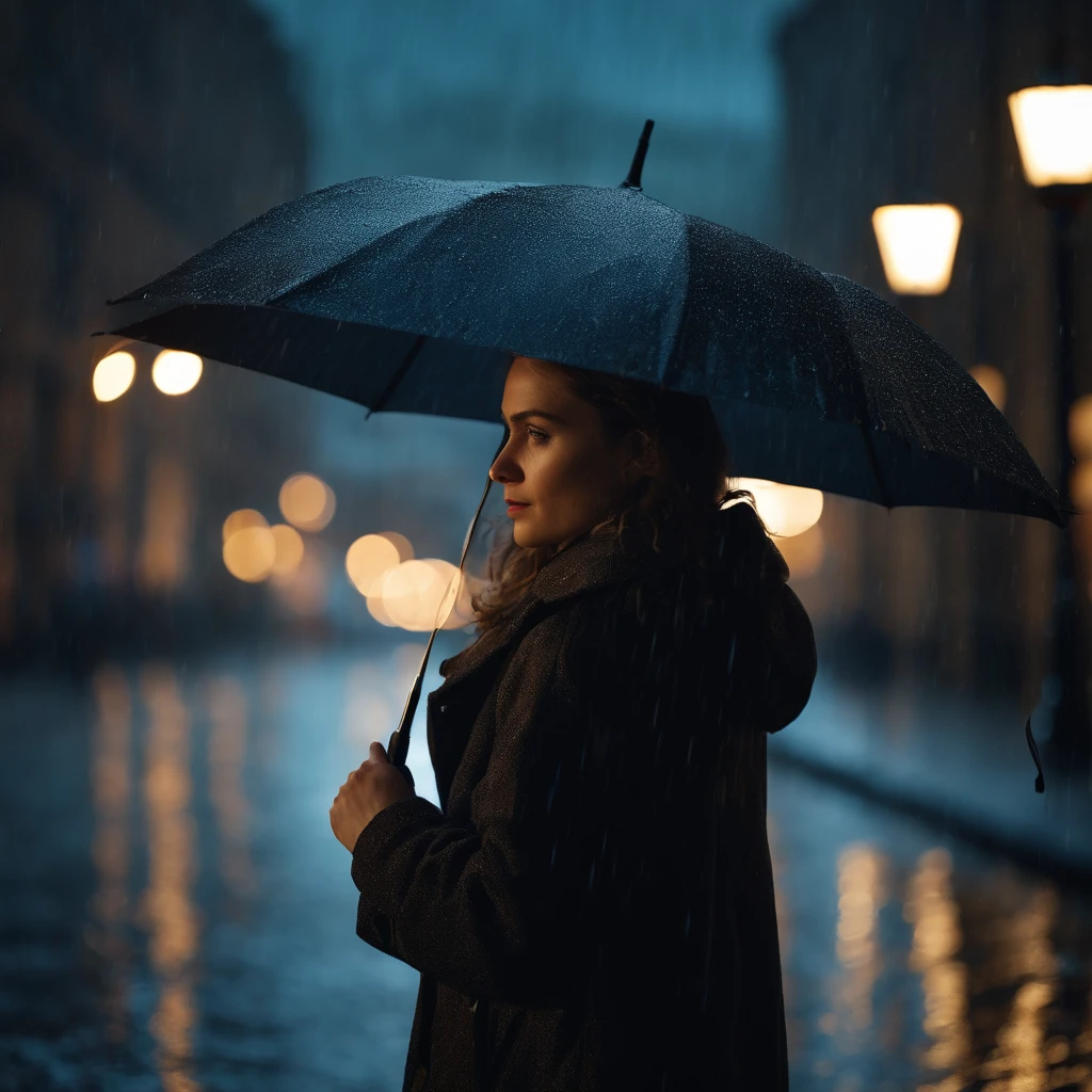 1 girl,City of night,rain,coat,put one's hand in one's pocket