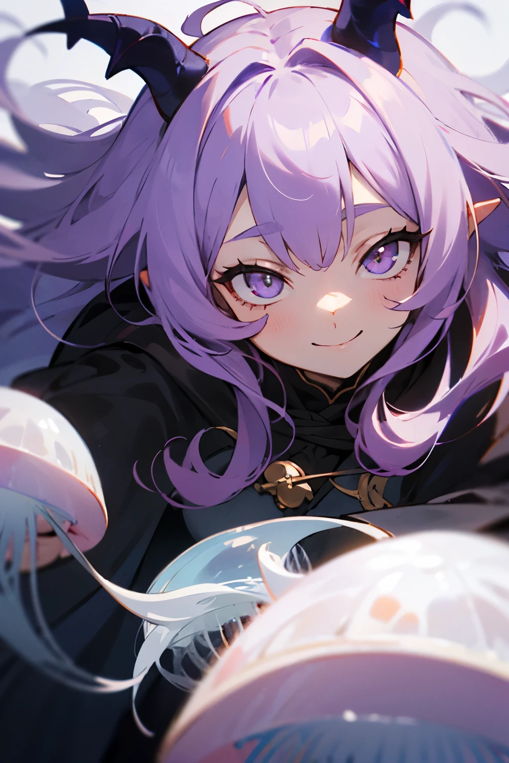 Jellyfish Hair,half twin,long hair that reaches waist,Hair color with gradation from purple to white,black suit,black skantz,black cloak,Drooping eyes,devil's horns,Marume,white eyes,black boots,smile,1 person,Demonic world,face close up