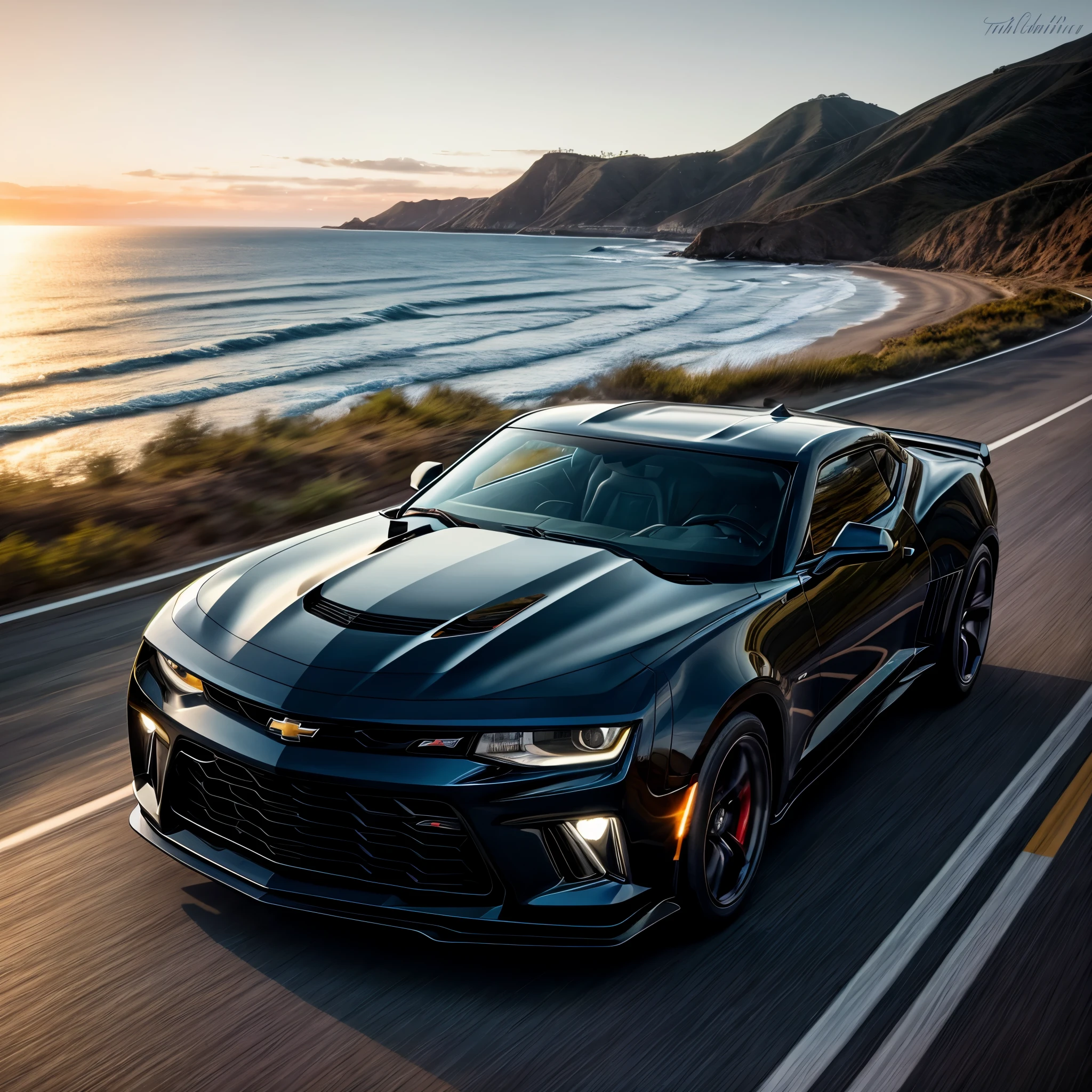 A Chevrolet Camaro ZL1 cruising down a scenic coastal highway with the Pacific Ocean sparkling in the distance. tinted windows. Palm trees sway gently in the breeze.