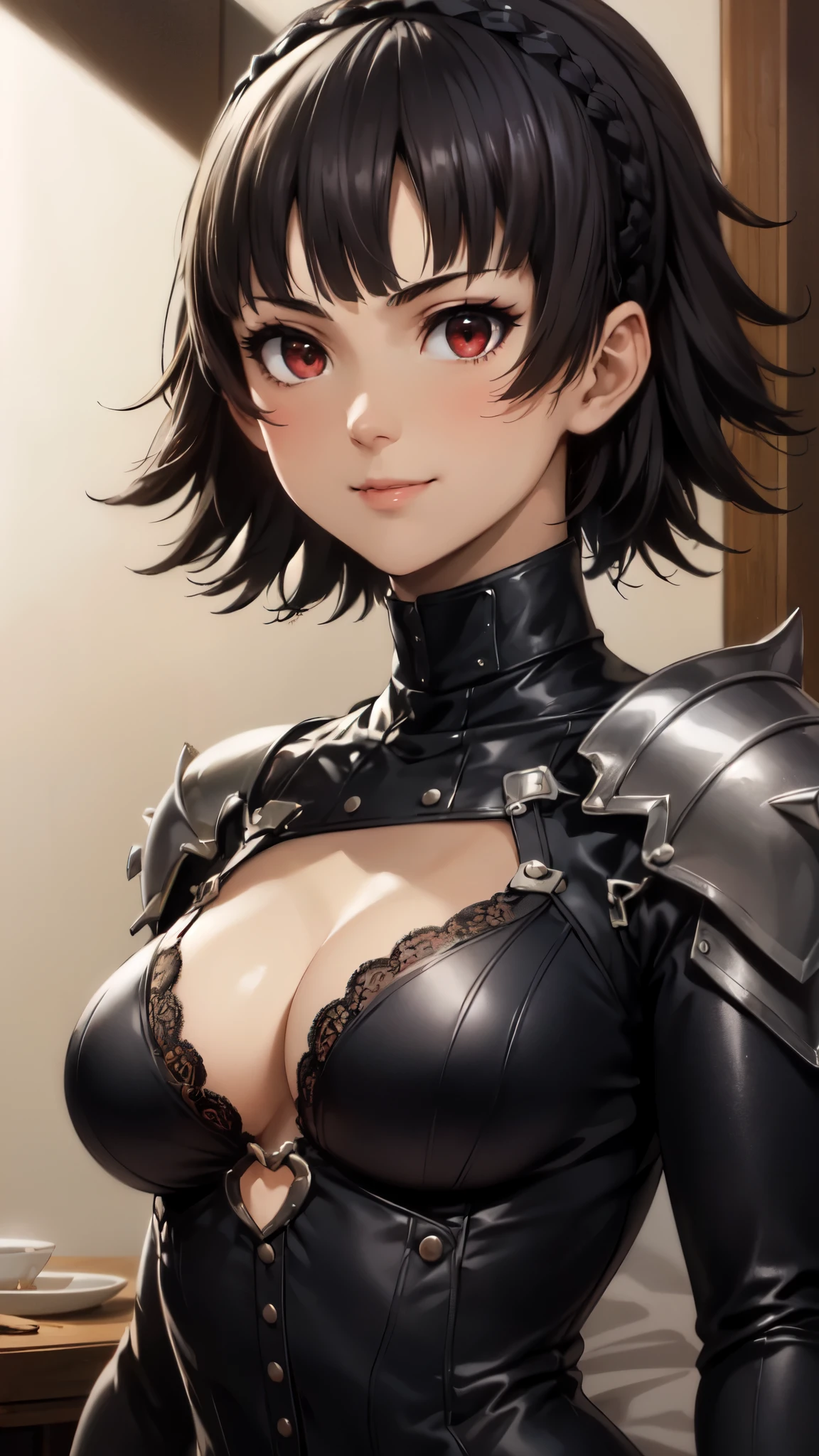 (((table top))), (Persona５),(((Makoto Niijima:1.4))),とても美しいwoman, short hair, Idol, 日本のwoman,(shaggy cut:1.4),(braided headband:1.5),(smile:1.5),(View from below:1.4), (short hair:1.4),(flipped hair:1.3),日本woman, wet beautiful skin,japan style, photo portrait, 美しい暗い茶髪のgirl, ((white skin)),master work,(black combat uniform:1.5), body suit,(black fin de siècle armor,with black sleeves:1.3),(red eyes:1.4),best image quality, high quality, high detail, Super high resolution, 8K resolution, Depth of bounds written, Cinematography, intricate details, elaborate, methodical, grow, maximum details, extreme beauty, (((1人のgirl, alone))), 24-years-old, realistic, table top, (best image quality), high quality, high detail, Super high resolution, panorama, exquisite features, perfect face, glowing skin, woman, girl, Angelic, sharp and clear focus, small eyes,3D silhouette, correct ratio, realistic portrait, close up of face, slender body shape,kind face, exquisite features, very detailed hair description, perfect face, 清潔でperfect face, long eyelashes, Moist eyes、transparent, delicate cream glowing skin like skin, detailed skin details, (big breastsと髪を持つ美しいgirl),(lips slightly apart,), Dream-like atmosphere with bright colors and soft lighting,1人のgirl, big breasts,(smile:1.5),