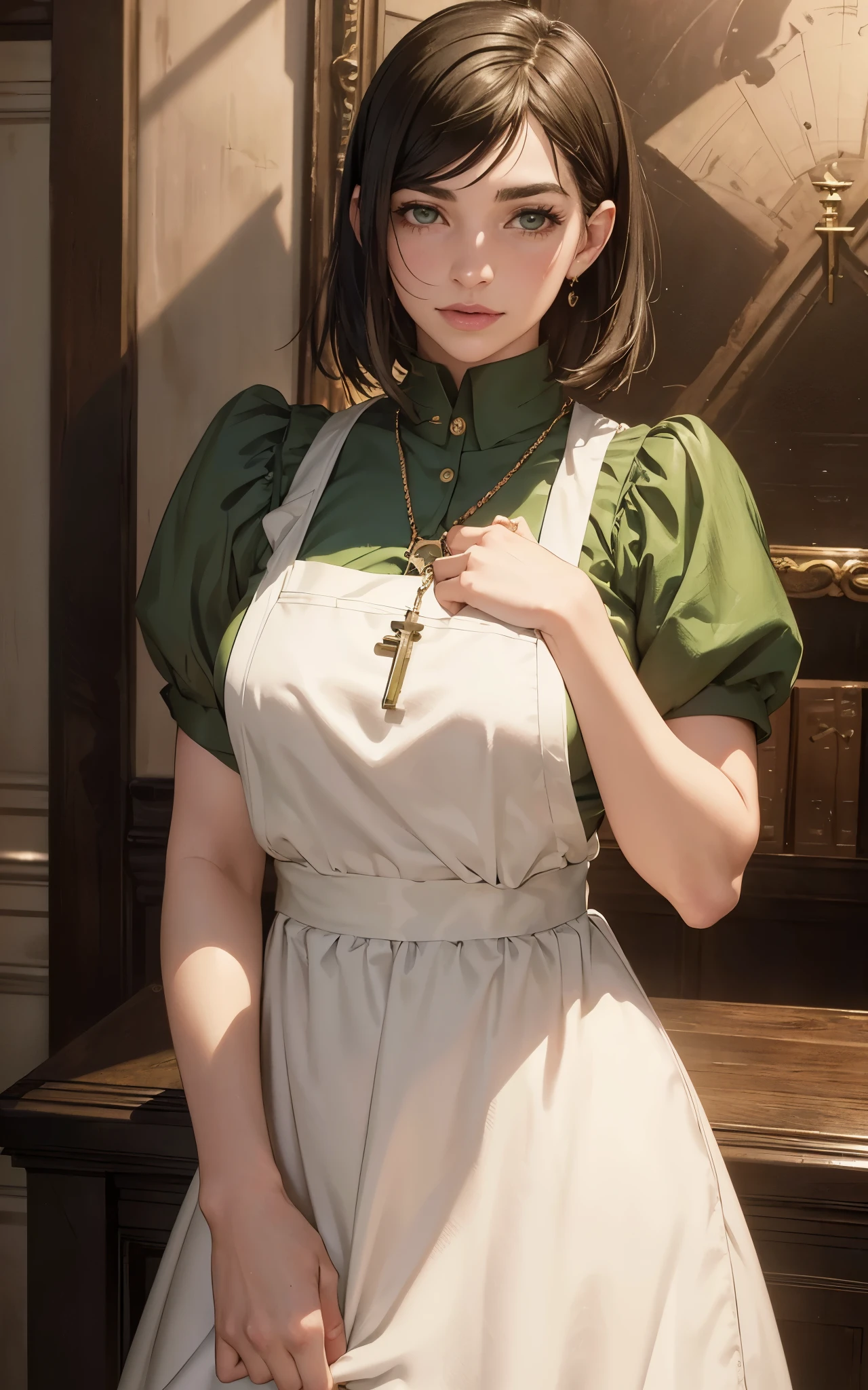 (Dua Lipa:Evangeline Lilly) waitress, ((white ?????)), ((green shirt)), 1920 style, masterpiece, Lovecraft atmosphere, (pendant of a key), hyperdetailed, ((rule of thirds))