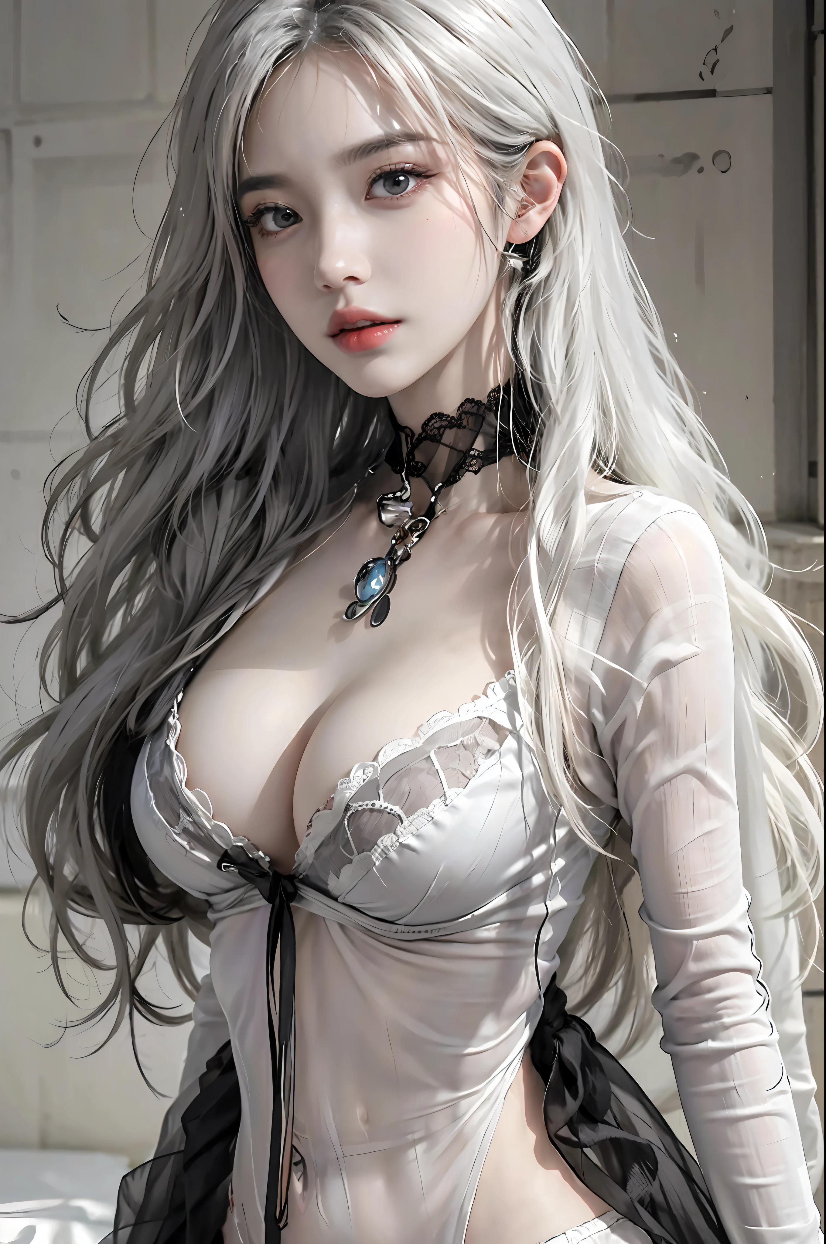 realistic, high resolution, 1 woman, Hip up, white long hair, beautiful eyes, medium chest, black underwear, see through