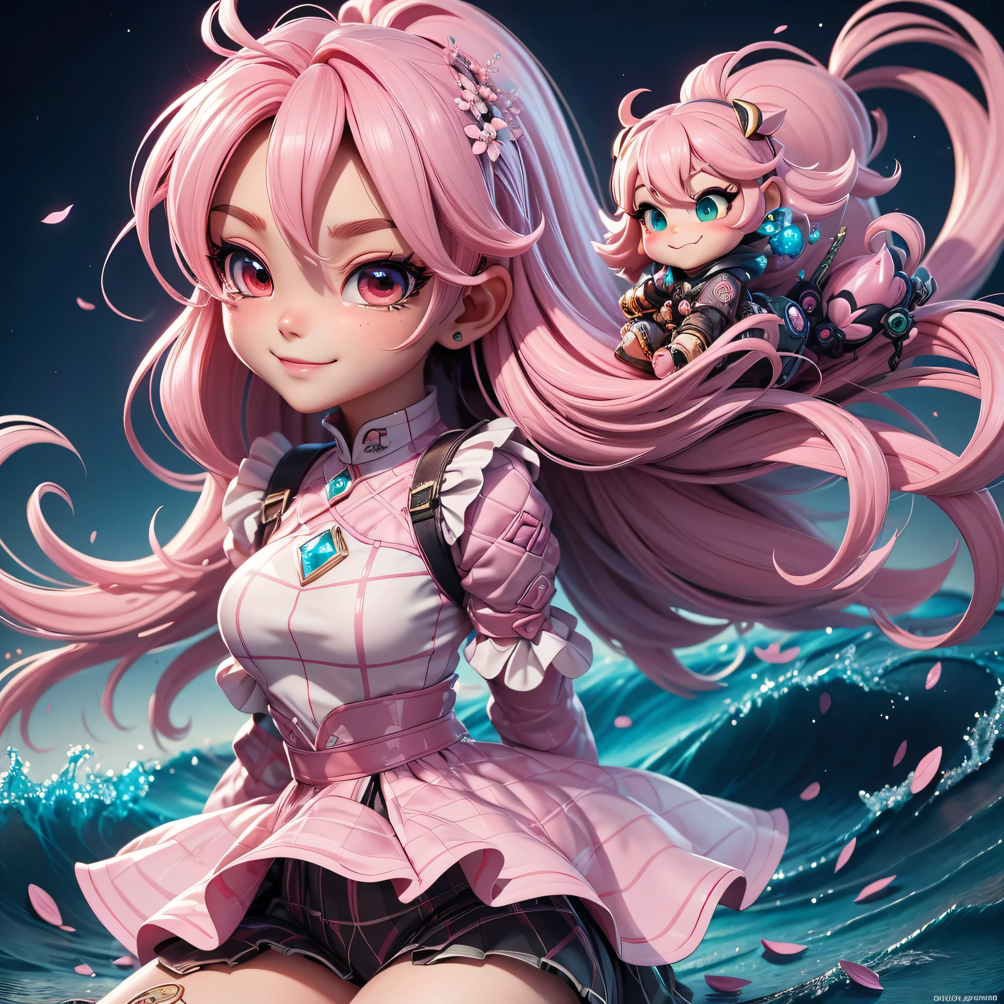 cute赤ちゃん少しアニメ、Plaid pattern on the body水着、Open your mouth and be surprised、slutty makeup、detailed face、(((chibi 3d))) (highest quality), (debris flies)、((highest quality)), ((masterpiece)), ( extreme details, best details, official art, beautiful and aesthetic:1.2), depth, 構図 whole body, cute, (beautiful and detailed eyes:1), smile, Angel, (whole body:1.5), photograph, movie lighting, golden ratio、shiny pink soap bubbles、見上げるsmileの接写、facing forward、(masterpiece、genuine、High resolution)、(1 girl):1.2)、korean girl、(highest quality), (debris flies), (1 girl), alone, dream-like、Highly detailed airbrush art(((Surgenuine))、intricate details、volume lighting、(masterpiece:1.2)、(highest quality)、The Super detailed、(moving composition:1.4)、Highly detailed colorful details with proper lighting、Atmospheric pink light production、Dynamic dark green composition、ray tracing、The mirror reflects light、depth of field is shallow、Super detailed、mixing exposure、ticker、超masterpiece、her eyes glow red、crimson hair、Her face is wet、A smile comes to her lips、An air full of smiles and adventurous spirit、Plaid pattern on the body、Cherry blossom scenery、Light brings checkered sea waves、The swaying checkered waves create a checkered landscape...。。her eyes glow red diamond color。