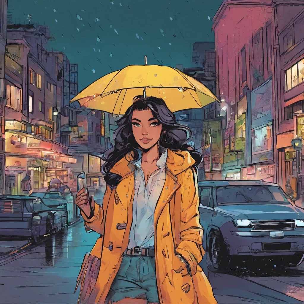 1 girl,City of night,rain,coat,put one&#39;s hand in one&#39;s pocket